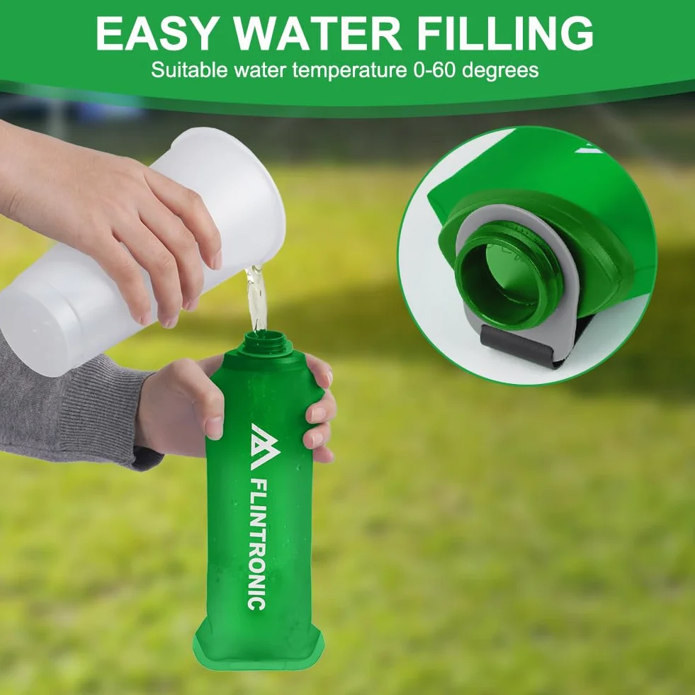 flintronic Miękka piersiówka, 250 ml, TPU, składana butelka na wodę, ręczna butelka na wodę z paskiem na nadgarstek i karabińczykami, nie zawiera BPA, do biegania, jazdy na rowerze, wędrówek, zielona