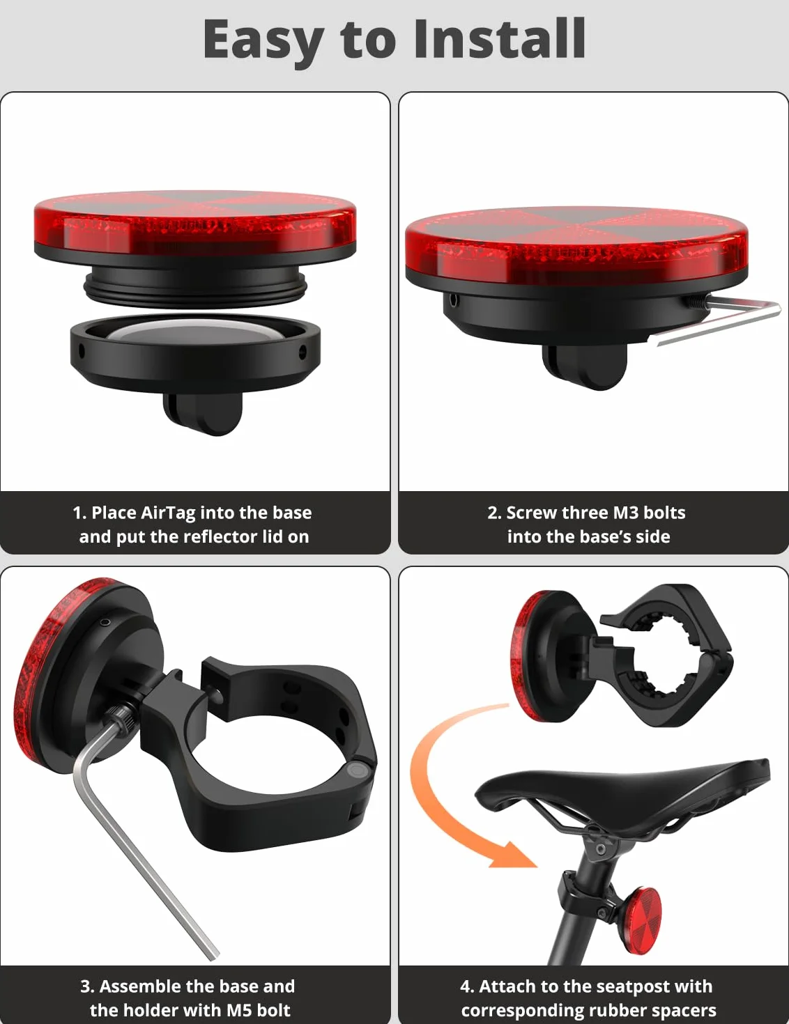 SUPMEGA Ukryty Reflektor Rowerowy AirTag z Metalowym Uchwytem Antykradzieżowe Akcesoria GPS Wodoszczelny