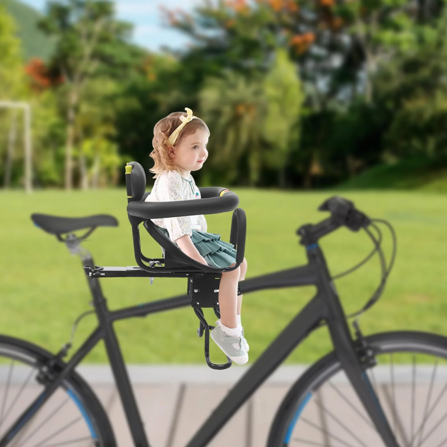 Rowerowy fotelik dziecięcy przedni, przedni fotelik dziecięcy z uchwytem, montowane z przodu siedzenia rowerowe dla dzieci w wieku 1-5 lat, kompatybilne ze wszystkimi dorosłymi, do 35 kg