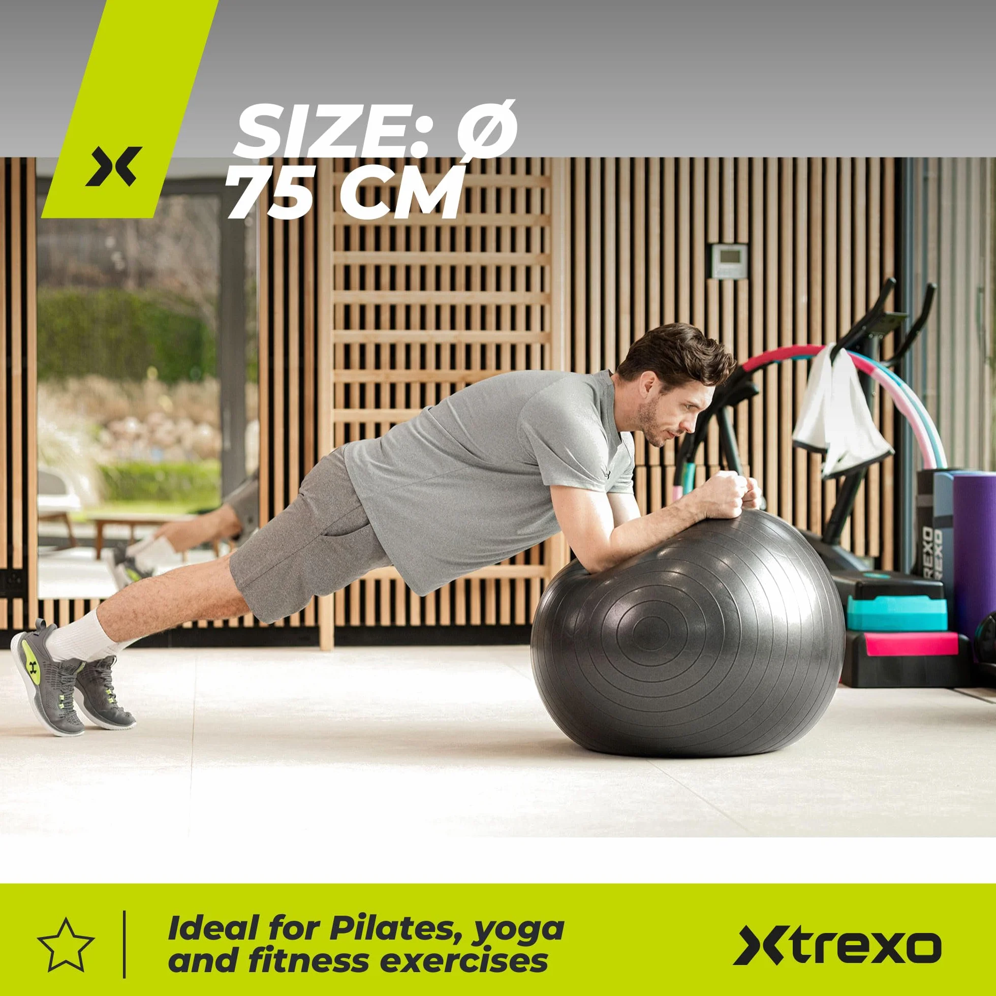 TREXO Piłka gimnastyczna o średnicy 75 cm w kolorze czarnym, zestaw z pompką, wyprodukowana z PCW, lekka i stabilna, zapewnia dobre trzymanie, idealna do pilatesu