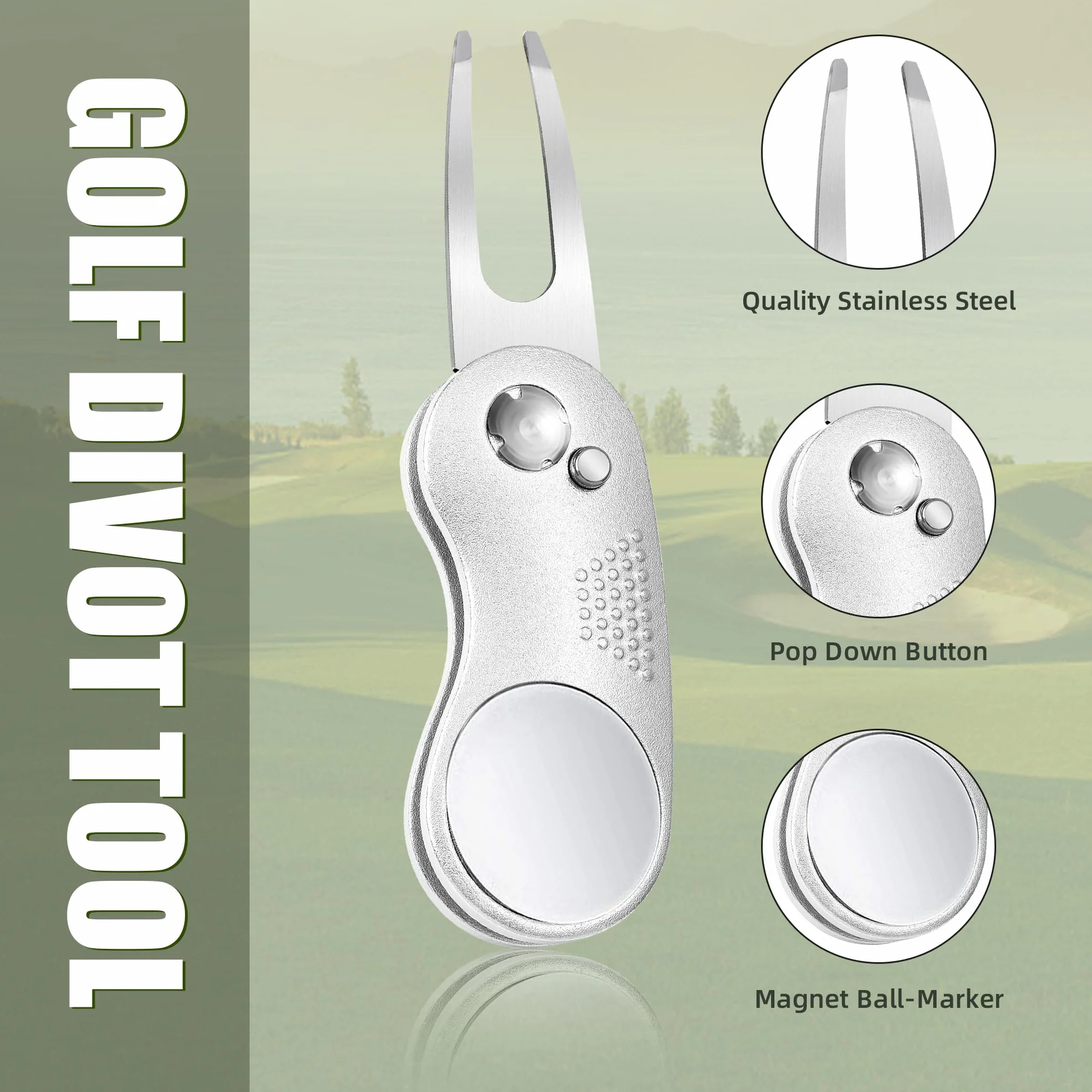 Mile High Life Metalowe składane narzędzie golfowe Divot z wyskakującym przyciskiem i magnetycznym znacznikiem kulkowym (wiele kolorów/kształtów)