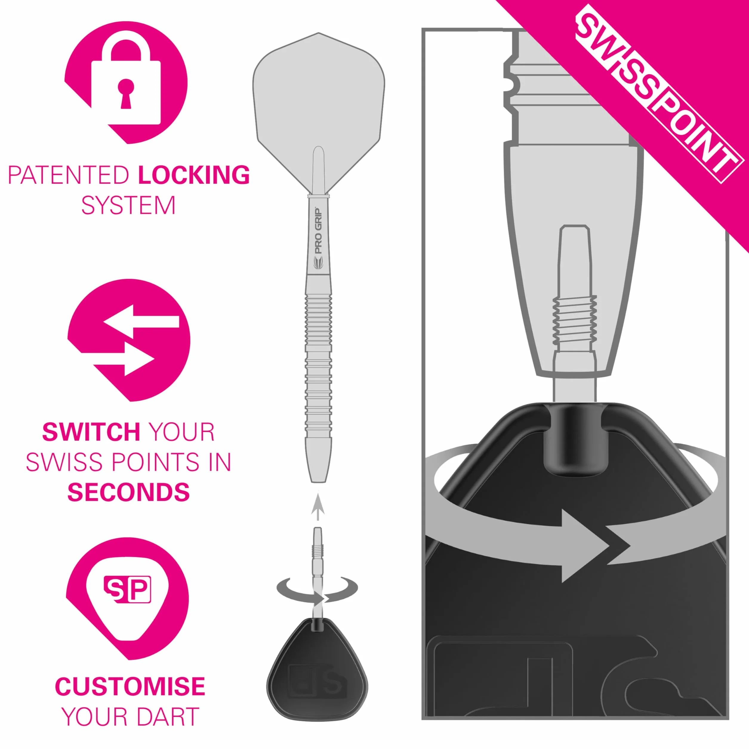 Target Darts Swiss Point DS Dart Points (3-pak zestaw końcówek) 35 mm, srebrne – Change Dart Swiss Point, profesjonalne akcesoria do rzutek, usuwanie końcówek SP