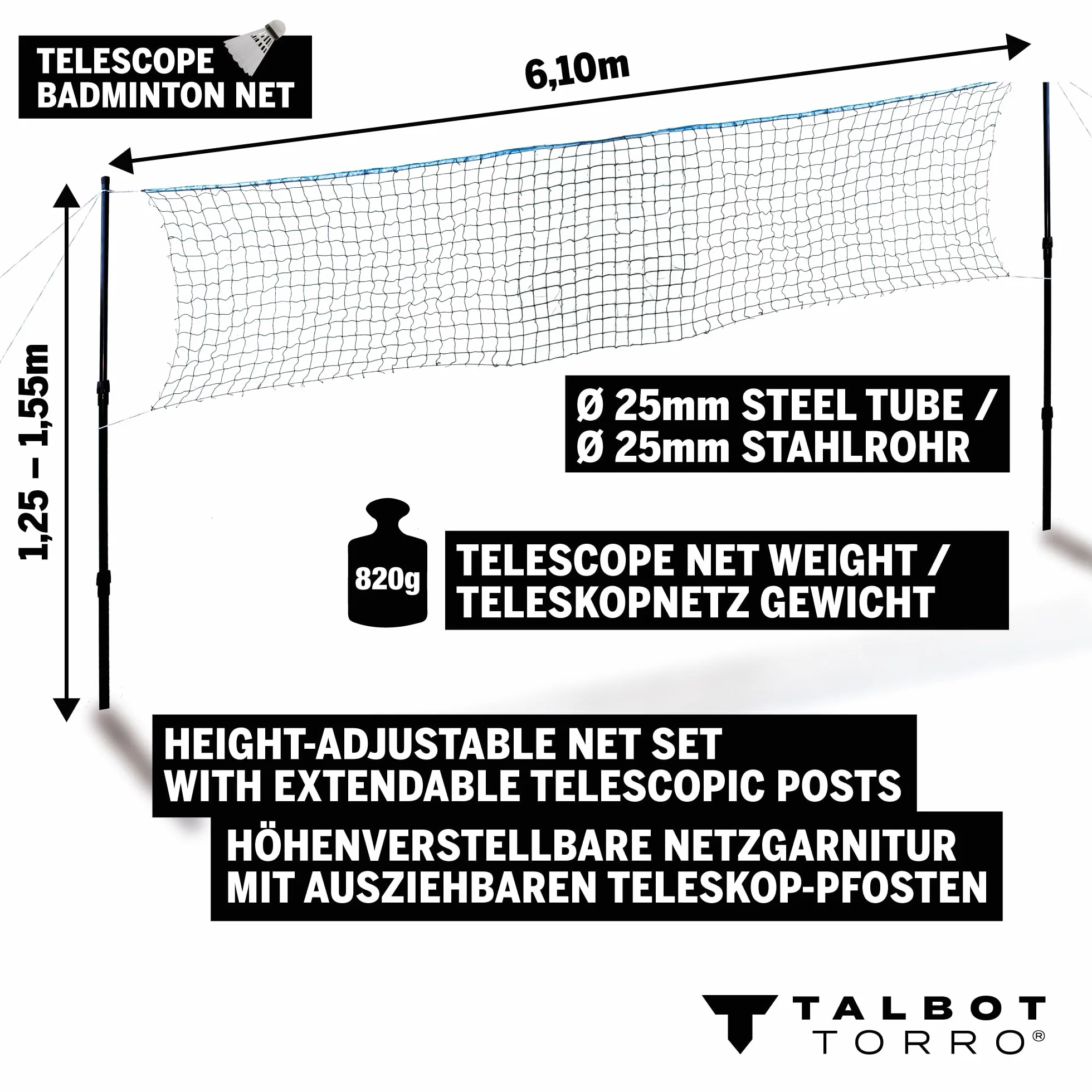 Talbot-Torro 449599 teleskopowa siatka do badmintona, regulacja wysokości: 1,25-1,55 m, szerokość 6,10 m, w torbie, 449599