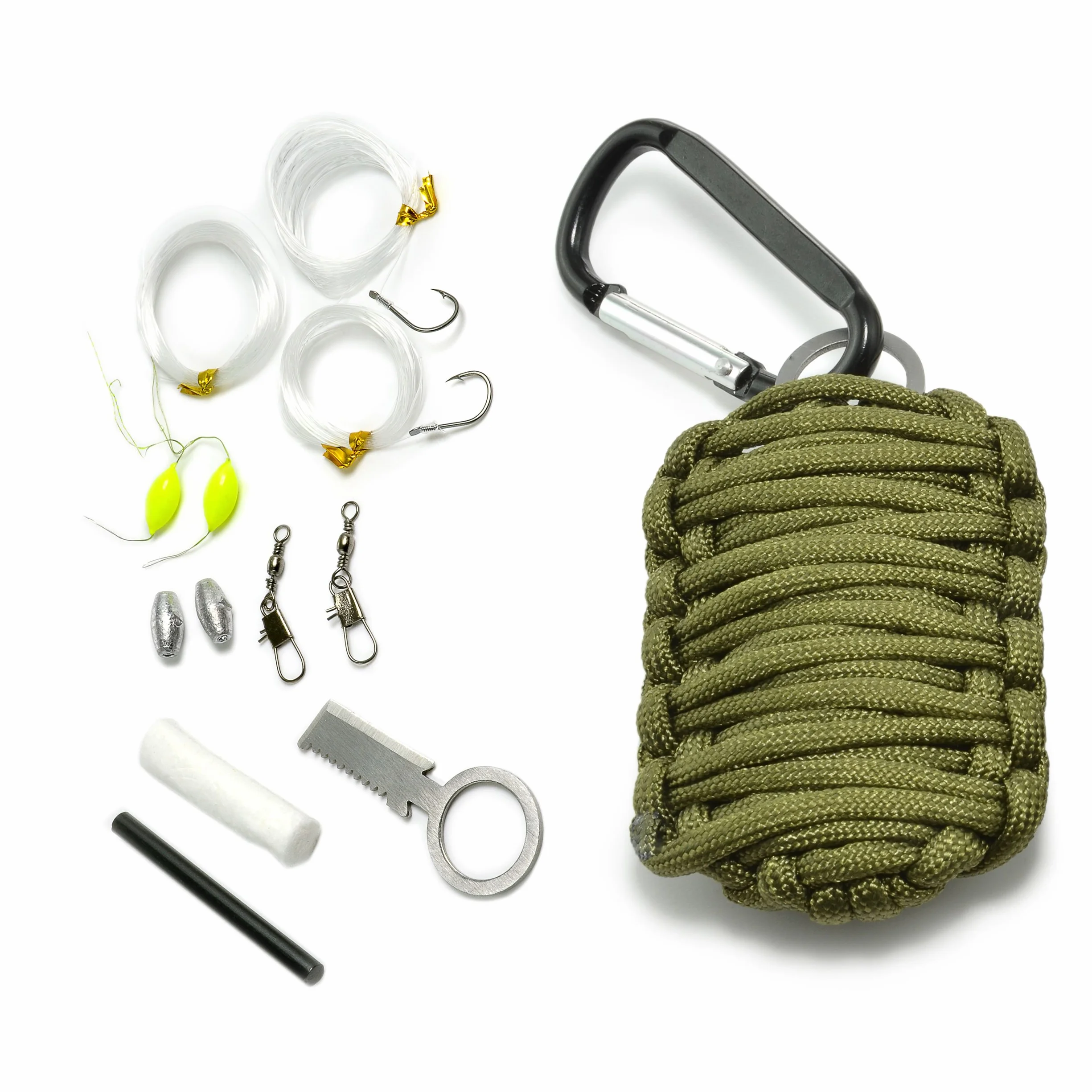 Ganzoo Paracord 550 12 elementow w jednym komplecie awaryjnym, oliwkowy, lina 3,4 m, 51 g, karabinek do mocowania, mini noz, mini pila, krzesiwo, rozpalka, folia aluminiowa, dodatki do wedkowania