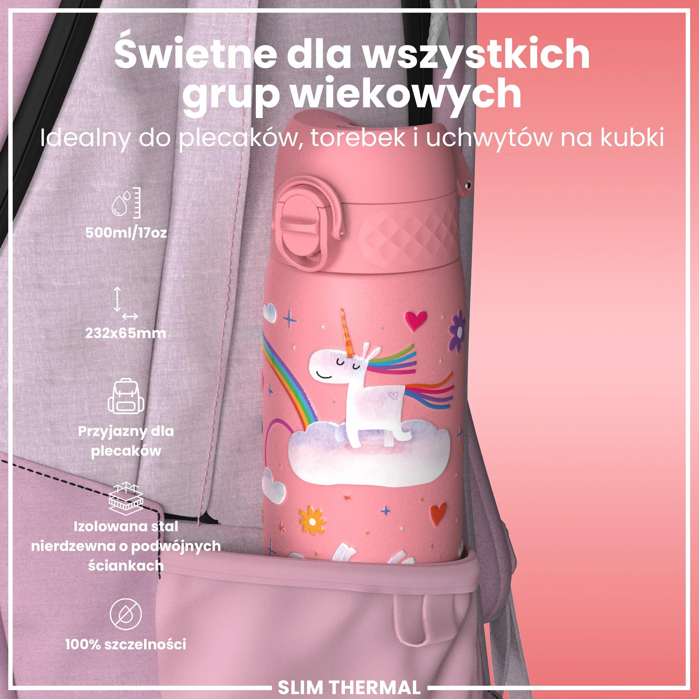 ION8 Termoizolowana Butelka na Wodę ze Stali Nierdzewnej 500 ml, Szczelna, Łatwa w Otwieraniu, Różowe Tęczowe Jednorożce