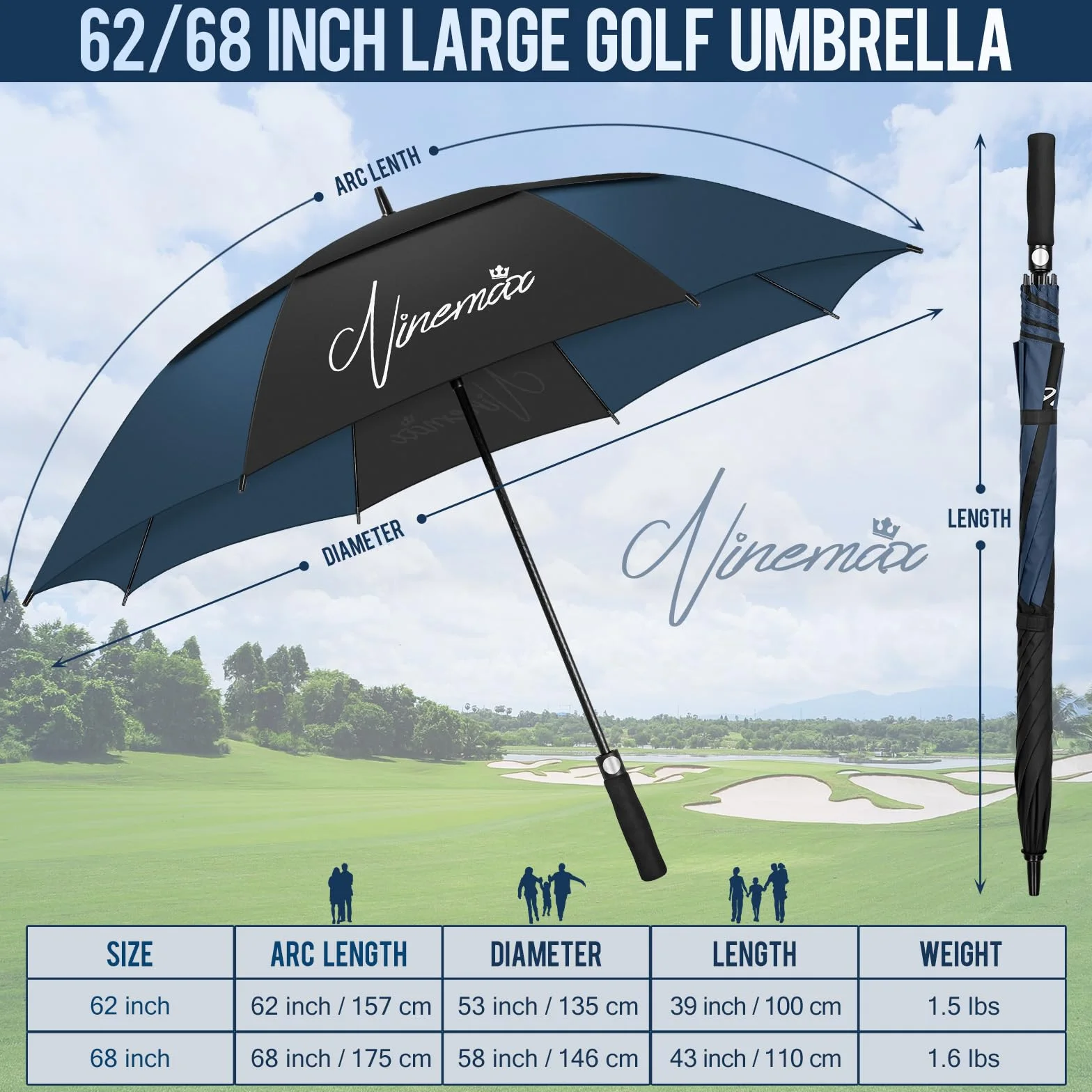 NINEMAX Parasol Golfowy 62 cali Wiatroszczelny Wodoszczelny Podwójny Baldachim Czarny Ciemnoniebieski