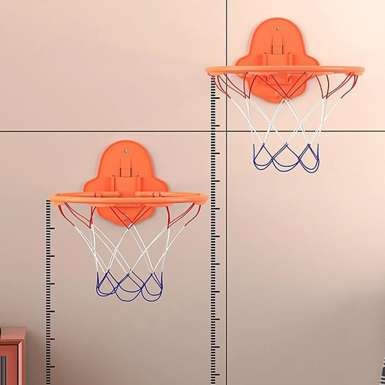 Silent Basketball Hoop, Foldable Wall-Mounted Hoop with Sticky Backing, 32cm/12.6 Inches Dribbling Training Toy for Indoor Outdoor Use, Adults, Kids 3/5/7 Balls Abs + Metal