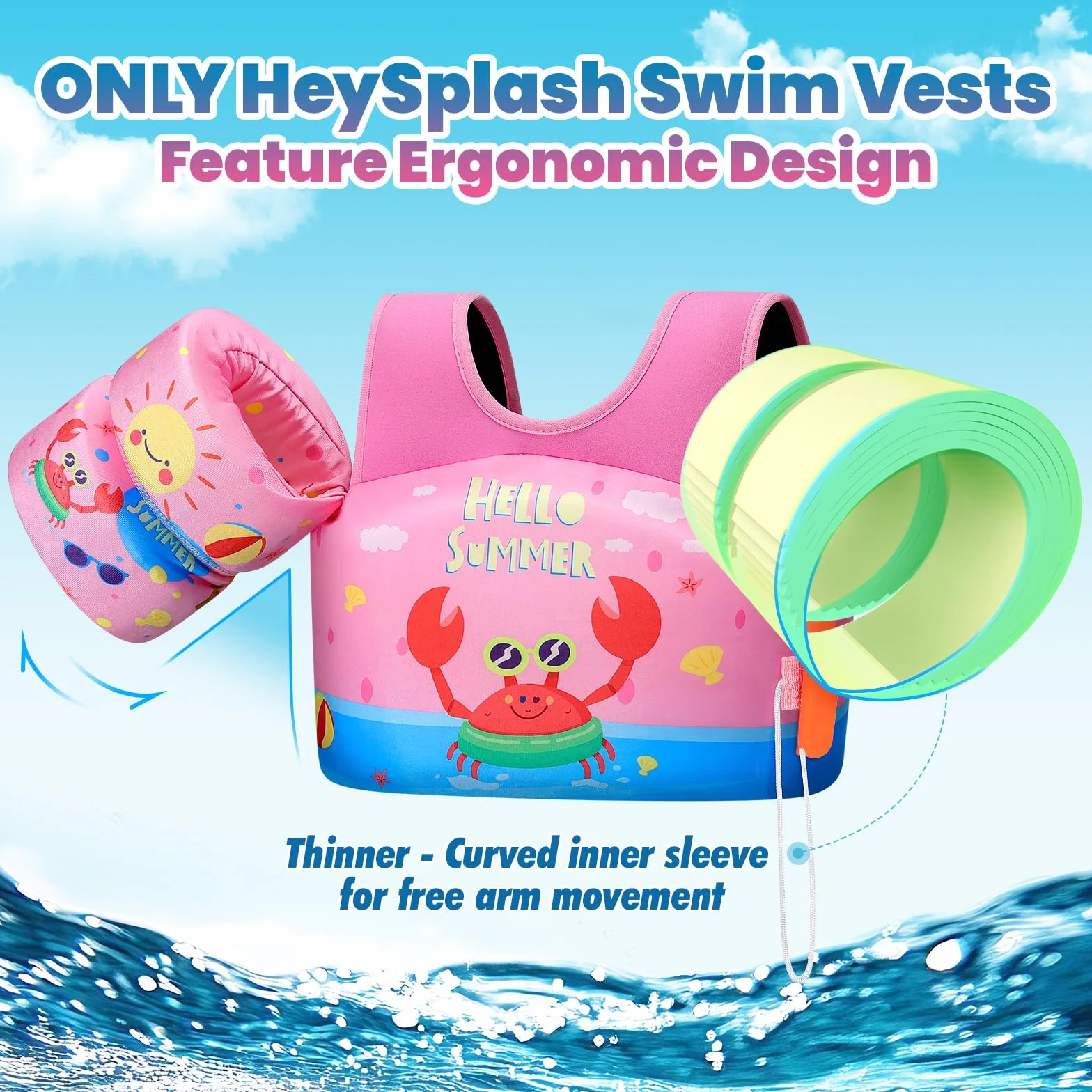 HeySplash Rękawy do pływania dla dzieci, pływająca kamizelka do nauki pływania basen pływające z opaskami, podwójna regulowana klamra bezpieczeństwa dla dzieci