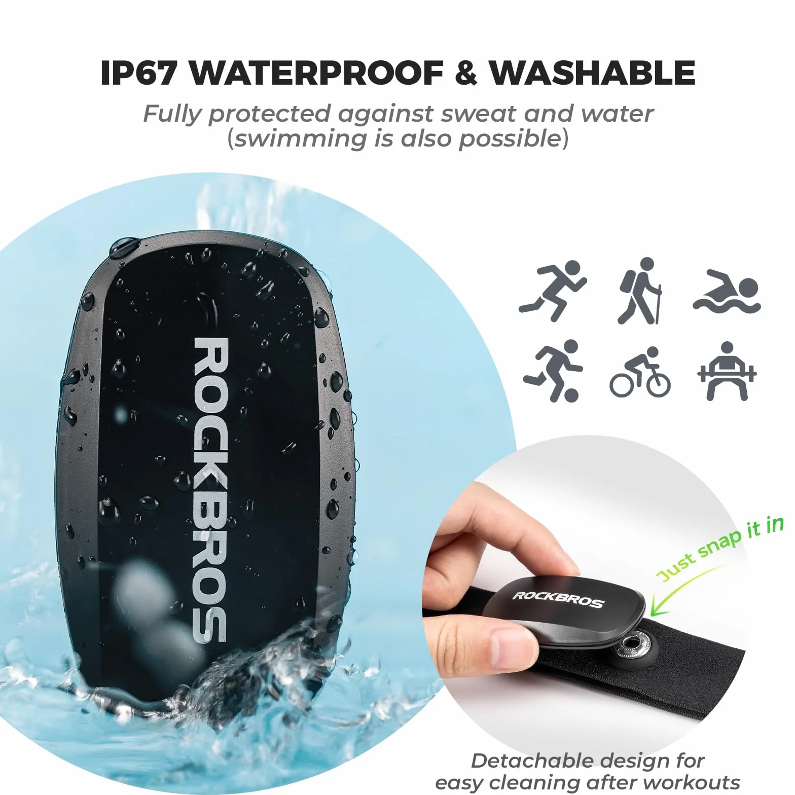 ROCKBROS Monitor tętna Bluetooth/ANT+, monitor pulsu IP67 Wodoodporny elastyczny pasek do biegania jazda na rowerze, kompatybilny z Garmin, Strava, Zwift, Wahoo, Smart Watch
