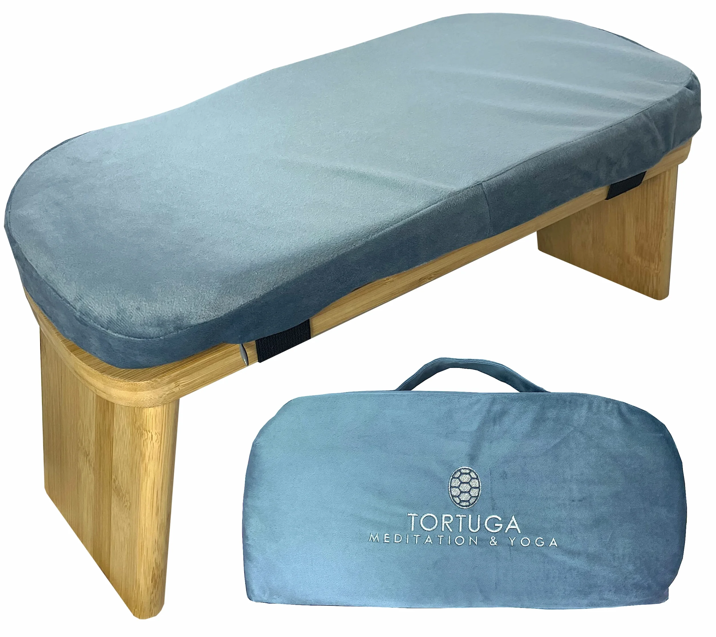 Tortuga składana ławka do medytacji z wyściełanym siedziskiem – taboret do jogi z bambusa – ergonomiczna – kompletny zestaw: torba, wygodna poduszka – poprawia postawę (niebieska)