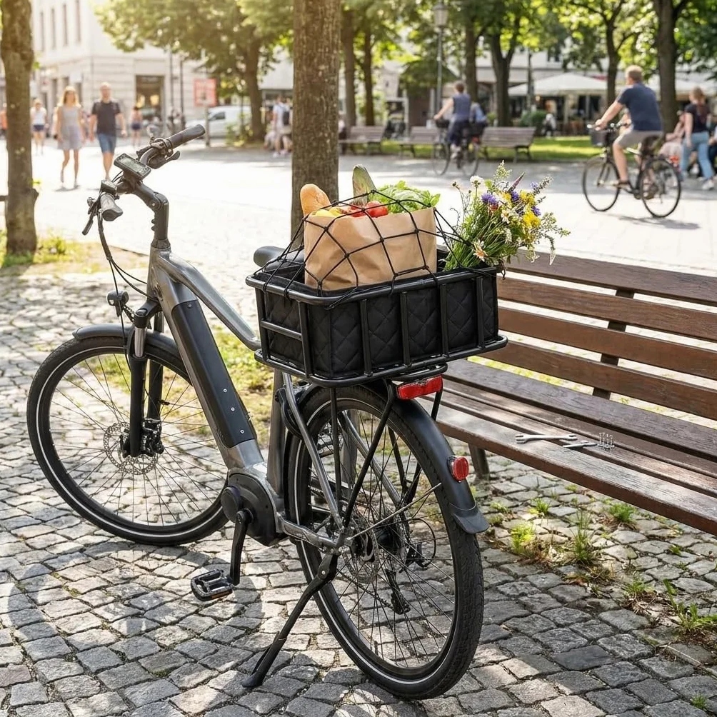 QWORK Kosz rowerowy z tyłu, duży kosz rowerowy metalowy z siatką cargo i wkładką, do większości rowerów i rowerów elektrycznych