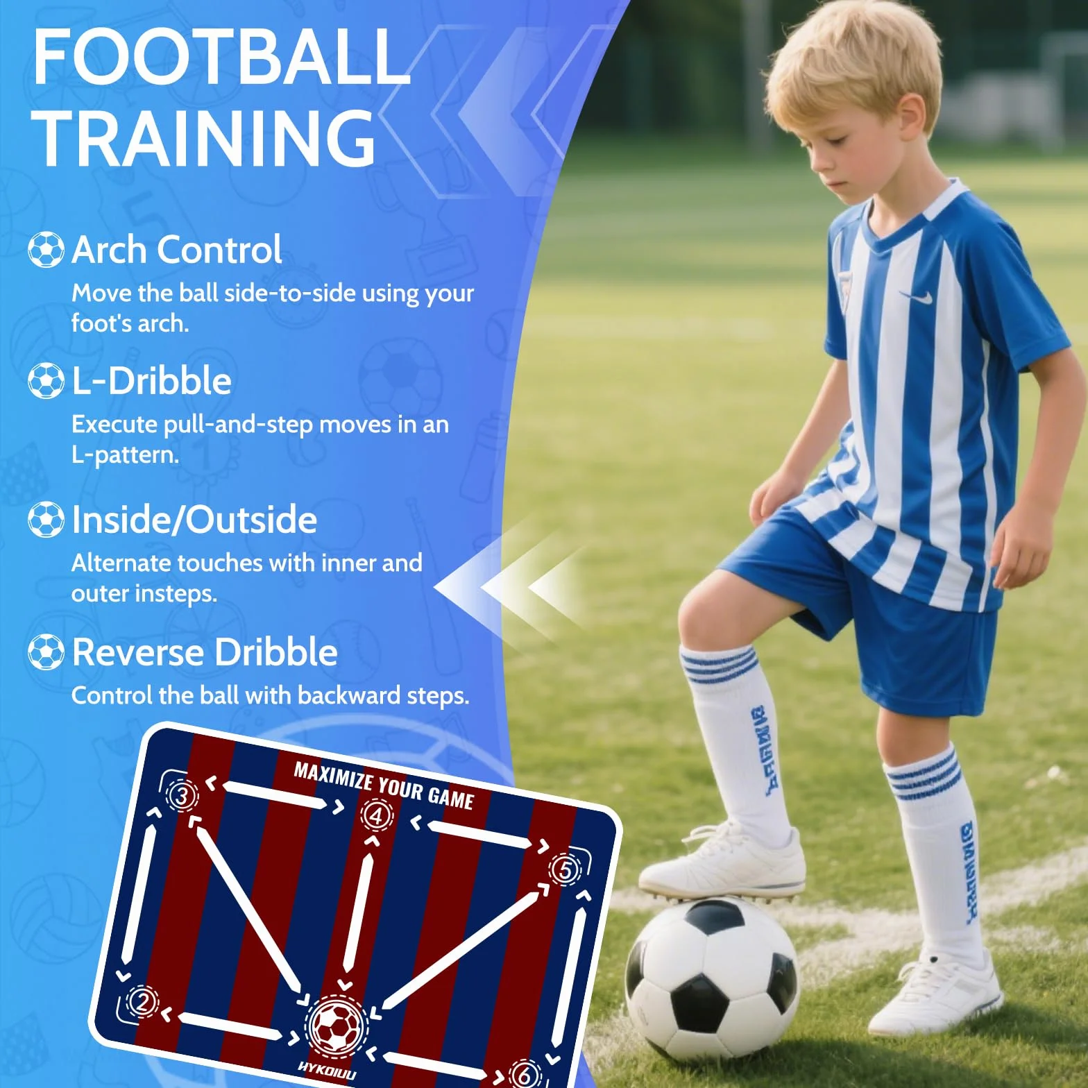 Football Training Mat With Kick Trainer 90 X 60 Cm Football Skills Mat Mastery Footstep Agility Pad To Boost Speed, Strength & Coordination Non-Slip Footbal Mastery For Kids Youth Gifts