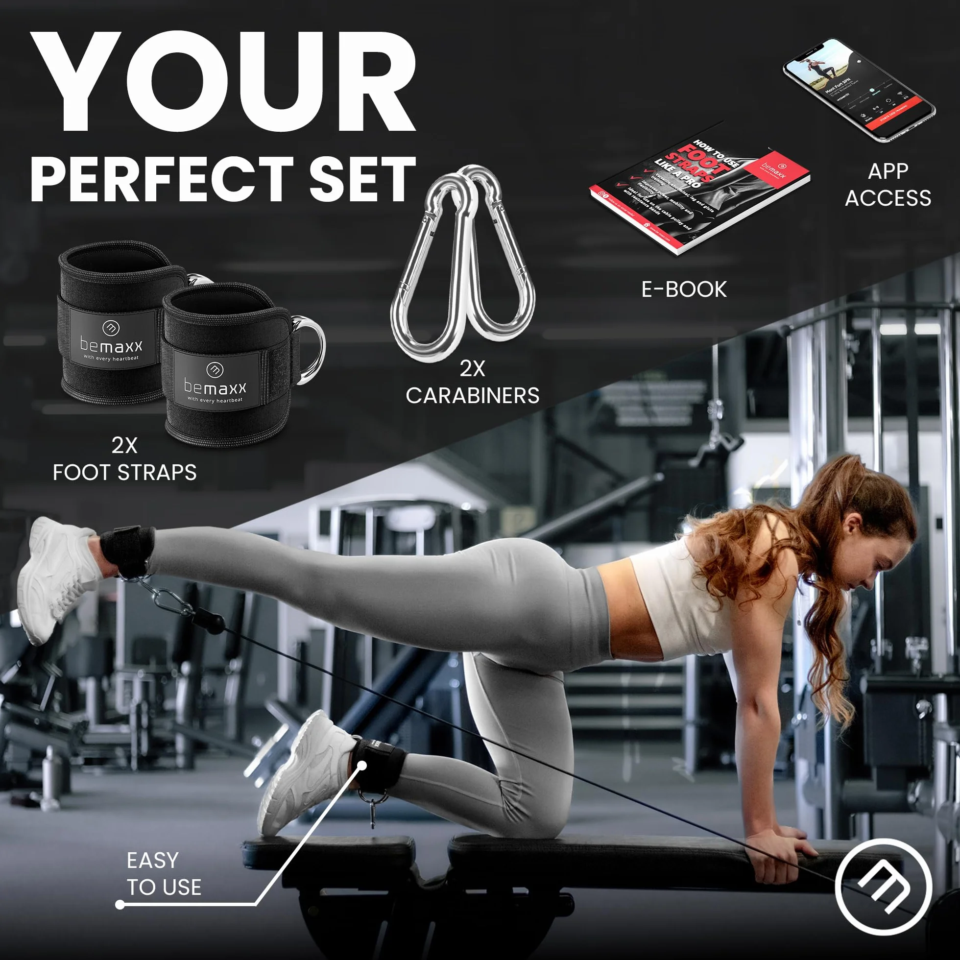 Zestaw 2 pasków na nogi + eBook treningowy, jeden rozmiar wyściełane ekspandery do stóp paski kostki, velcro do treningu nóg | noga fitness trening kobieta mężczyzna rozciąganie rozgrzewka