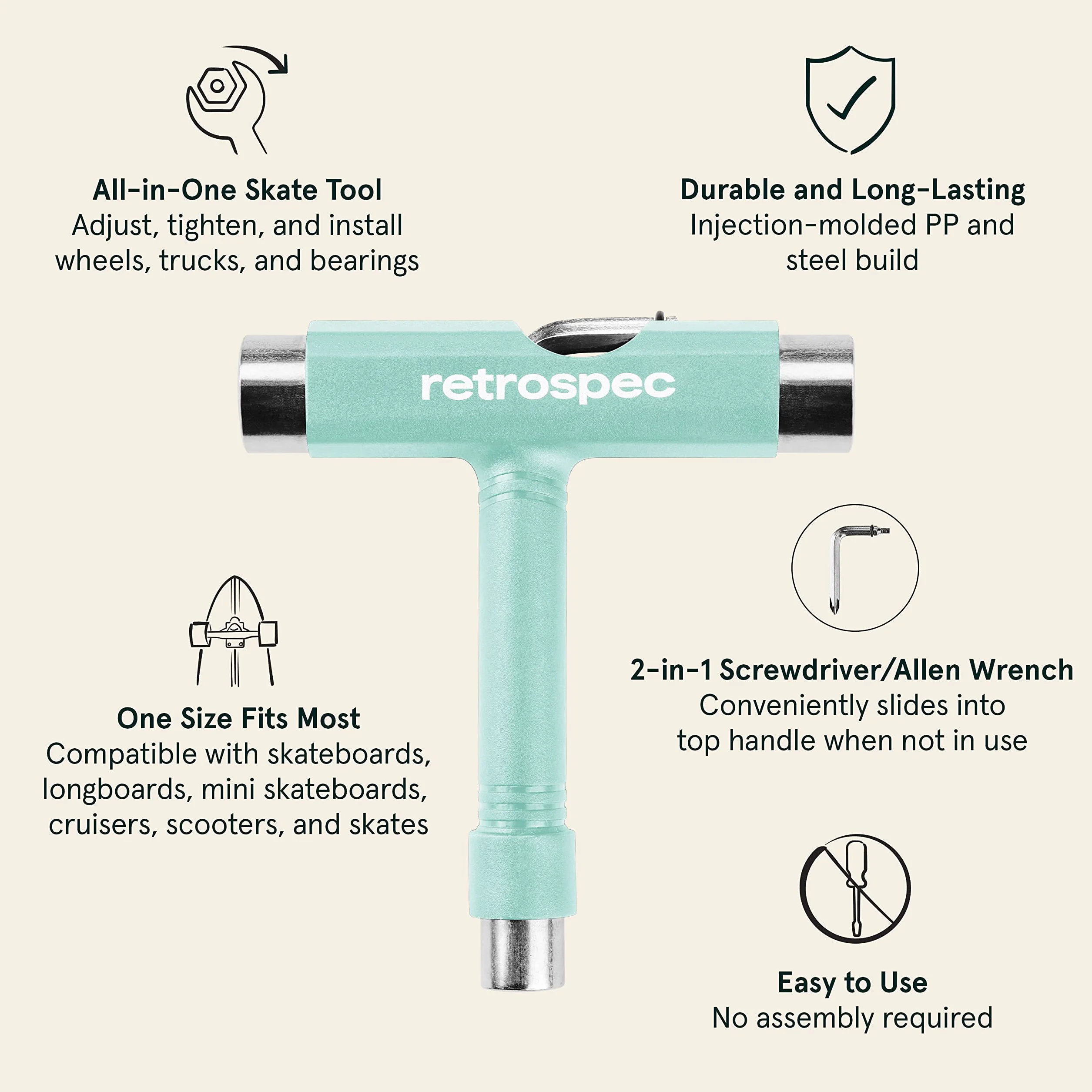 Retrospec Upkeep All-in-One wielofunkcyjne przenośne narzędzie do łyżworolek z kluczem imbusowym 2 w 1 i śrubokrętem krzyżakowym do regulacji i dokręcania kół deskorolki/longboardowych, ciężarówek i