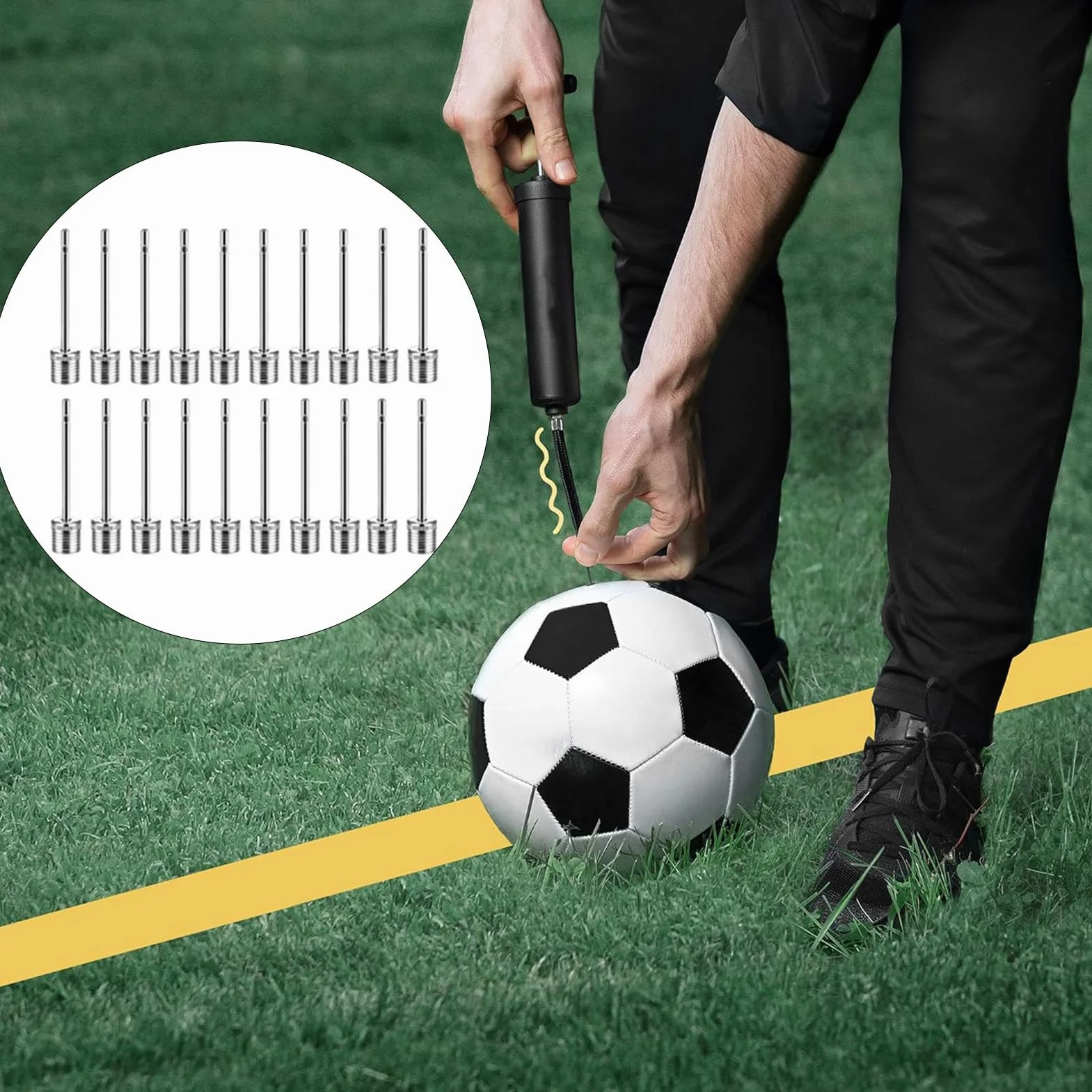 Miernik ciśnienia powietrza Ball Sport 1 szt. i igła do pompki do piłek, 20 sztuk – przenośne urządzenie do pomiaru ciśnienia powietrza z igłą do wszystkich zaworów kulowych sportowych