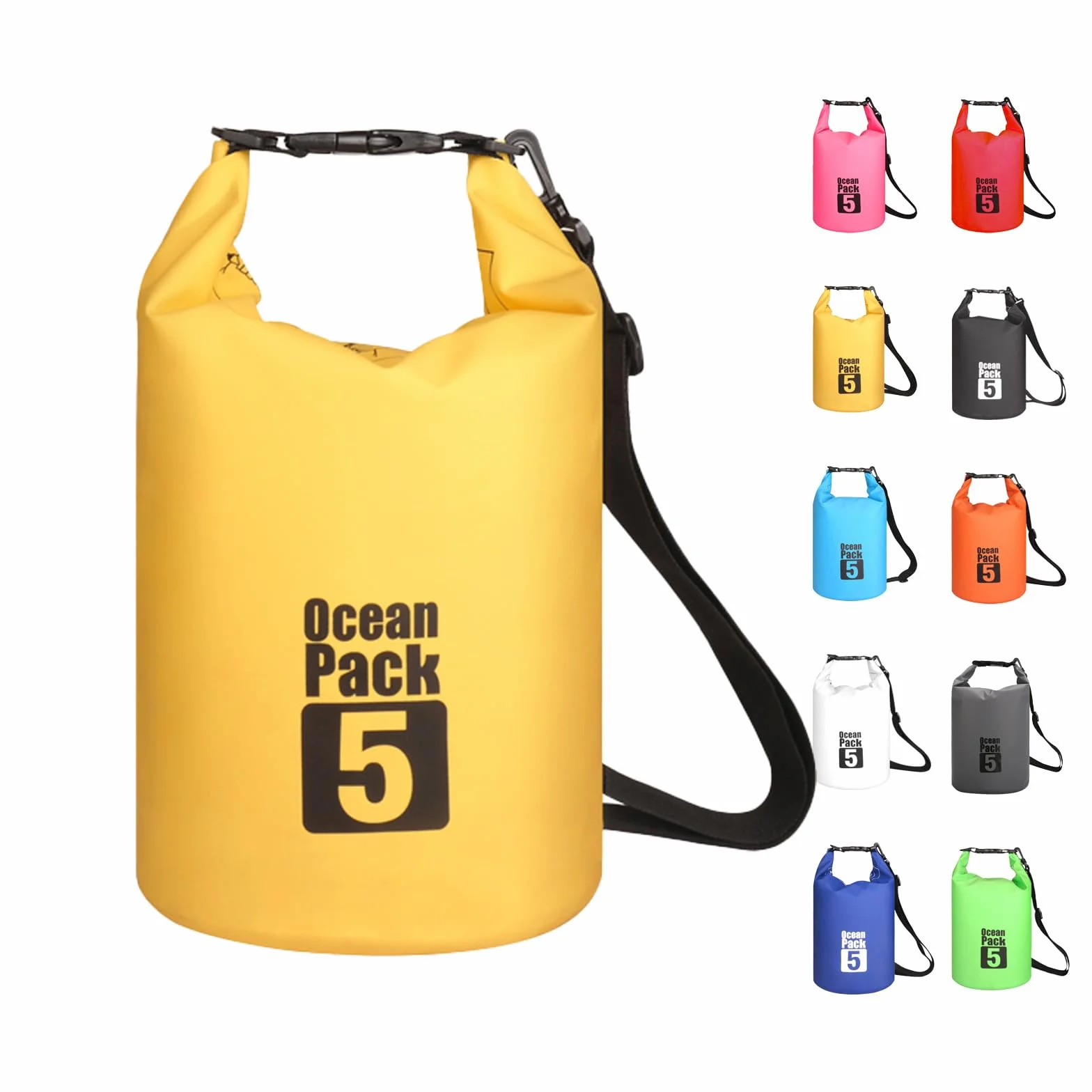 Worek wodoszczelny, z długim regulowanym paskiem na ramię, duża pojemność 2 l, 5 l, 10 l, 15 l, 20 l, 30 l, na kemping, rafting, pływanie, surfowanie, ŻÓŁTY, 5L, Organizer do torby