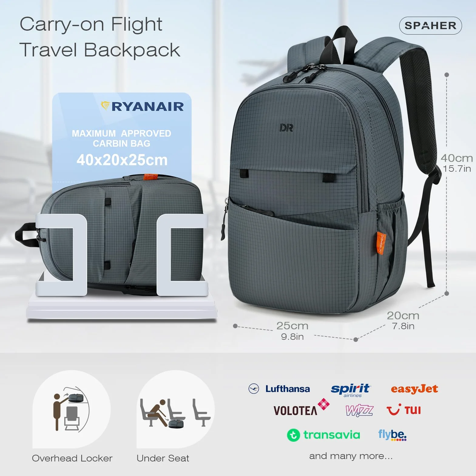 SPAHER Plecak Podróżny do Samolotu 40x20x25 Ryanair Plecak Kabinowy Uniwersytecki Kempingowy 20L Wodoodporny Lekki Plecak na co Dzień Laptopa 14 Calowy dla Mężczyzn Kobiety