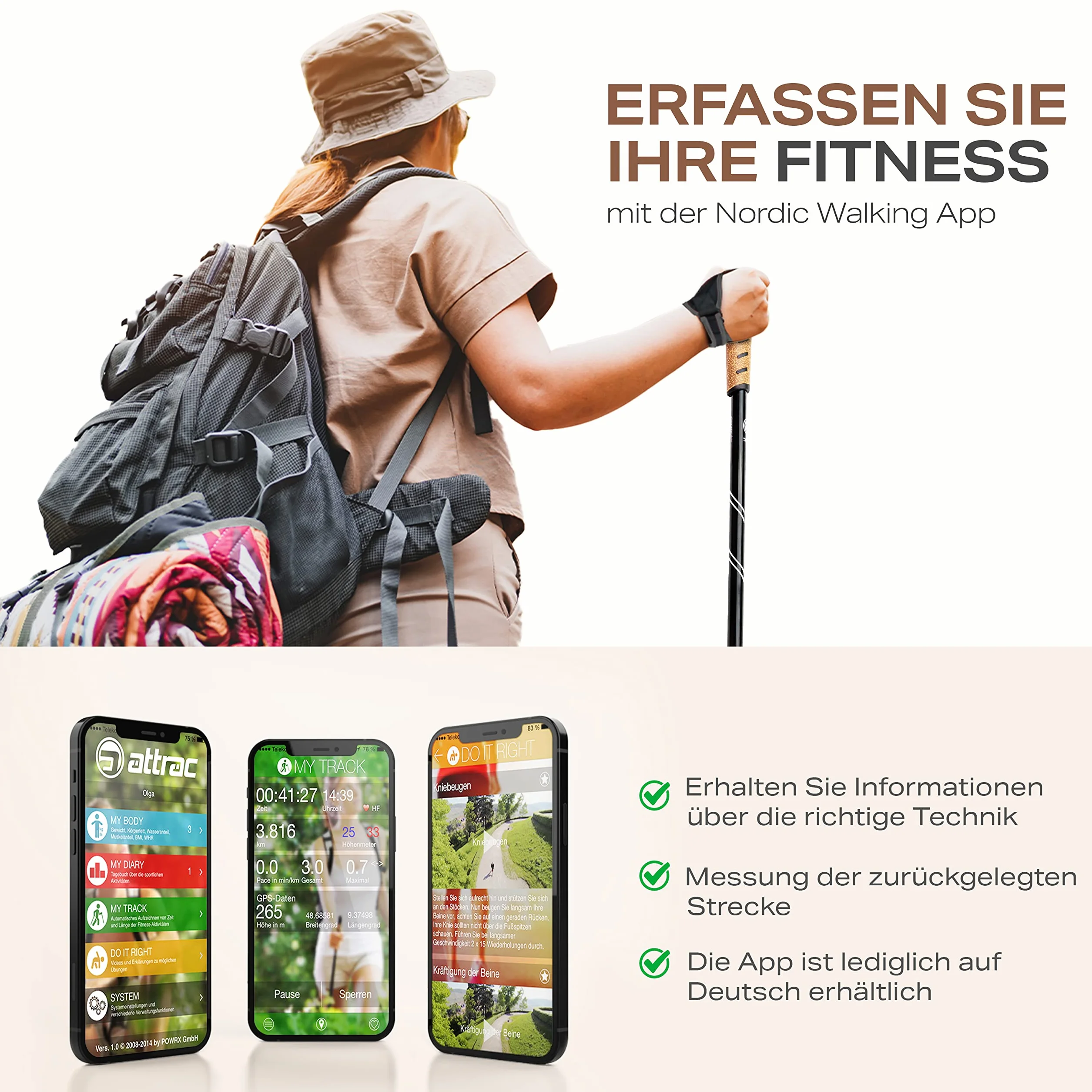 Attrac Nordic Walking Classic kijki trekkingowe 69-136 cm aluminiowe amortyzacja Anti-Shock teleskopowe regulowane torba