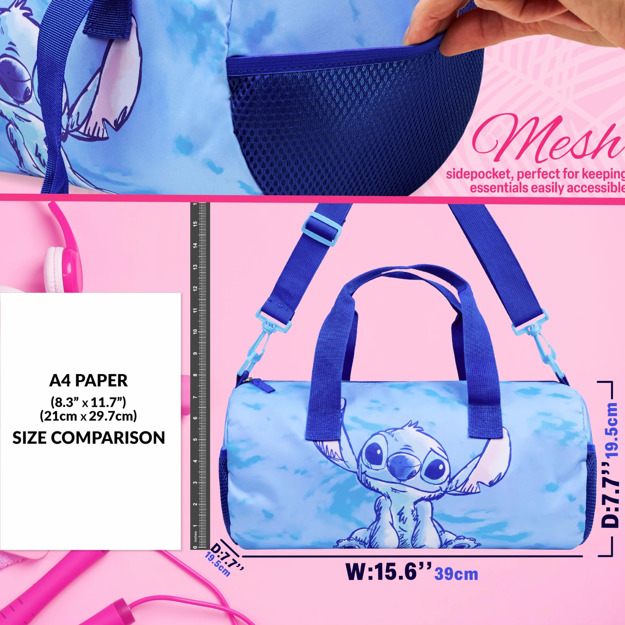 Disney torba sportowa podróżna 38x18x18 cm 2 kieszenie regulowany pasek Niebieski