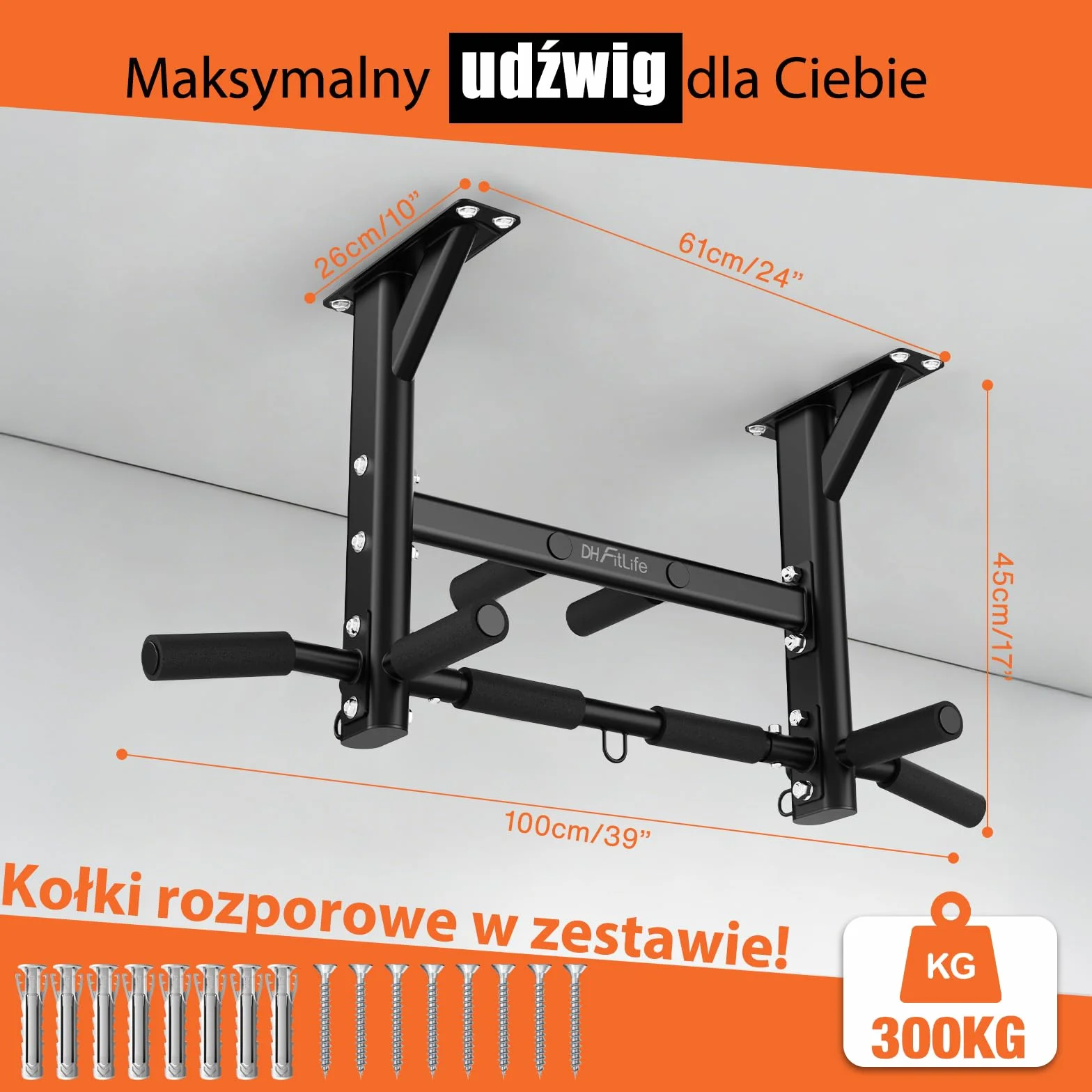 DH FitLife Drążek Sufitowy do Podciągania 4 w 1 do 300 kg | 8 Antypoślizgowych Uchwytów | 3 Punkty Mocowania | Stabilny i Bezpieczny