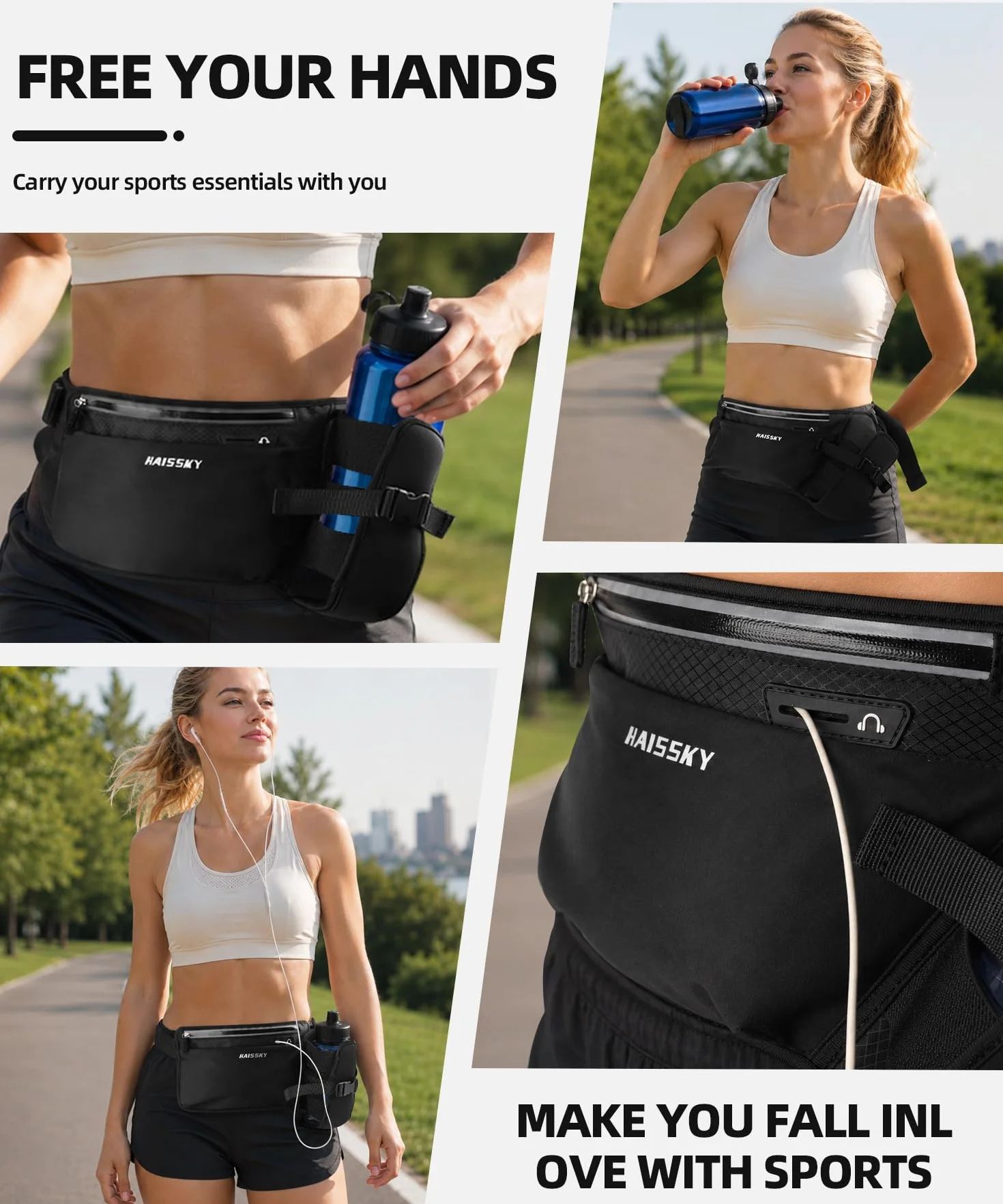 Guzack Pasek do biegania z uchwytem na butelkę wody, wodoodporna torba na biodra, torba na rower, pasek do joggingu, nerka, pas nawilżający, odporny na pot, regulowany pasek, pasuje do telefonów do 7,0 cala, do wspinaczki/wędrówek