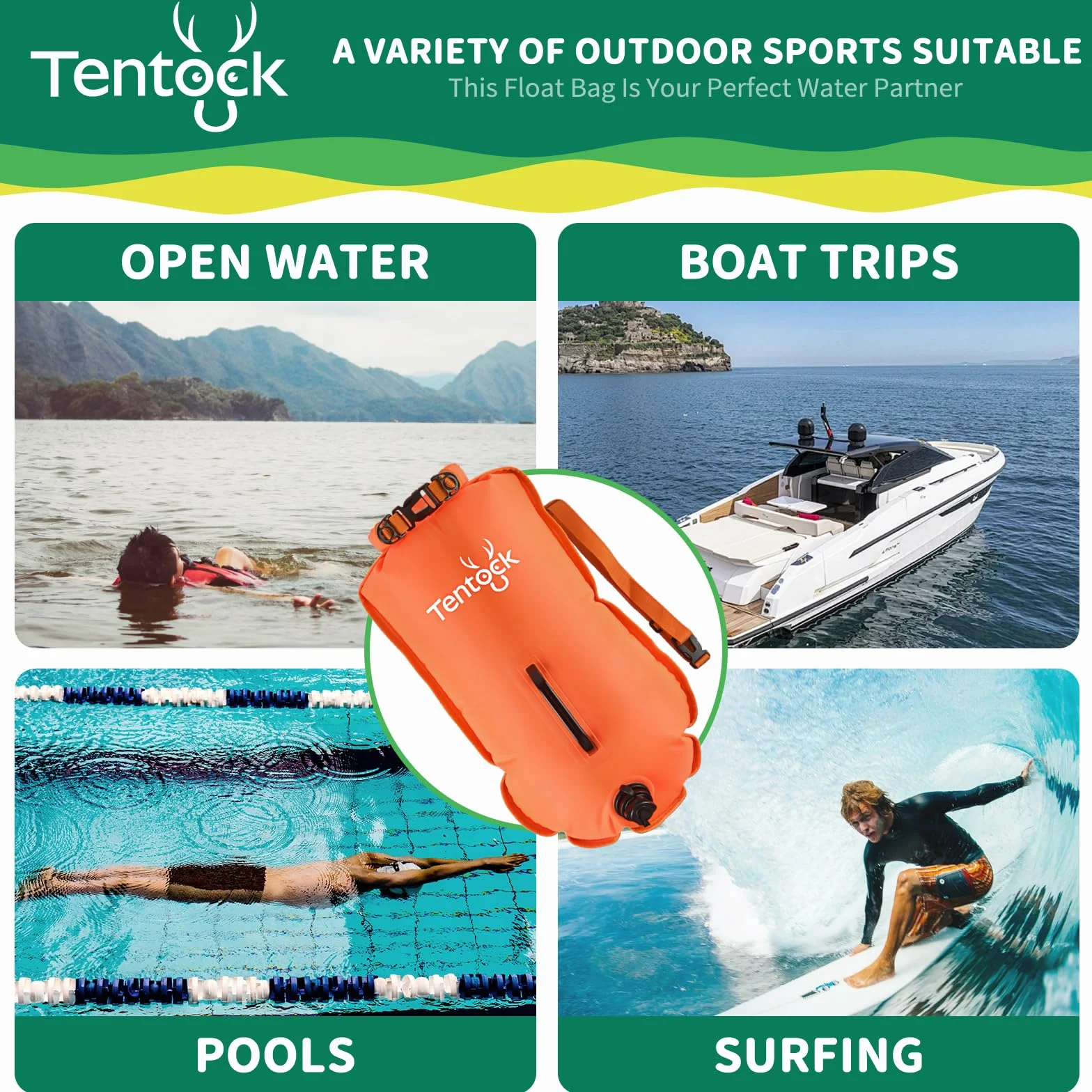 Tentock Wodoodporna boja do pływania, 28 l, nadmuchiwana torba do uprawiania sportów wodnych, pływaków na świeżym powietrzu, triathlonistów, kajakarstwa i snorkelingu, pomarańczowa