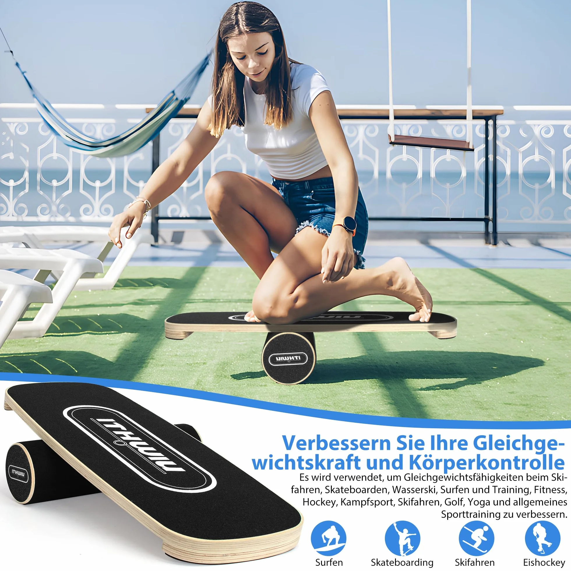 OUUTMEE Balance Board Roller drewniana deska treningowa, deska treningowa, antypoślizgowa powierzchnia, kontrola ciała, czarna