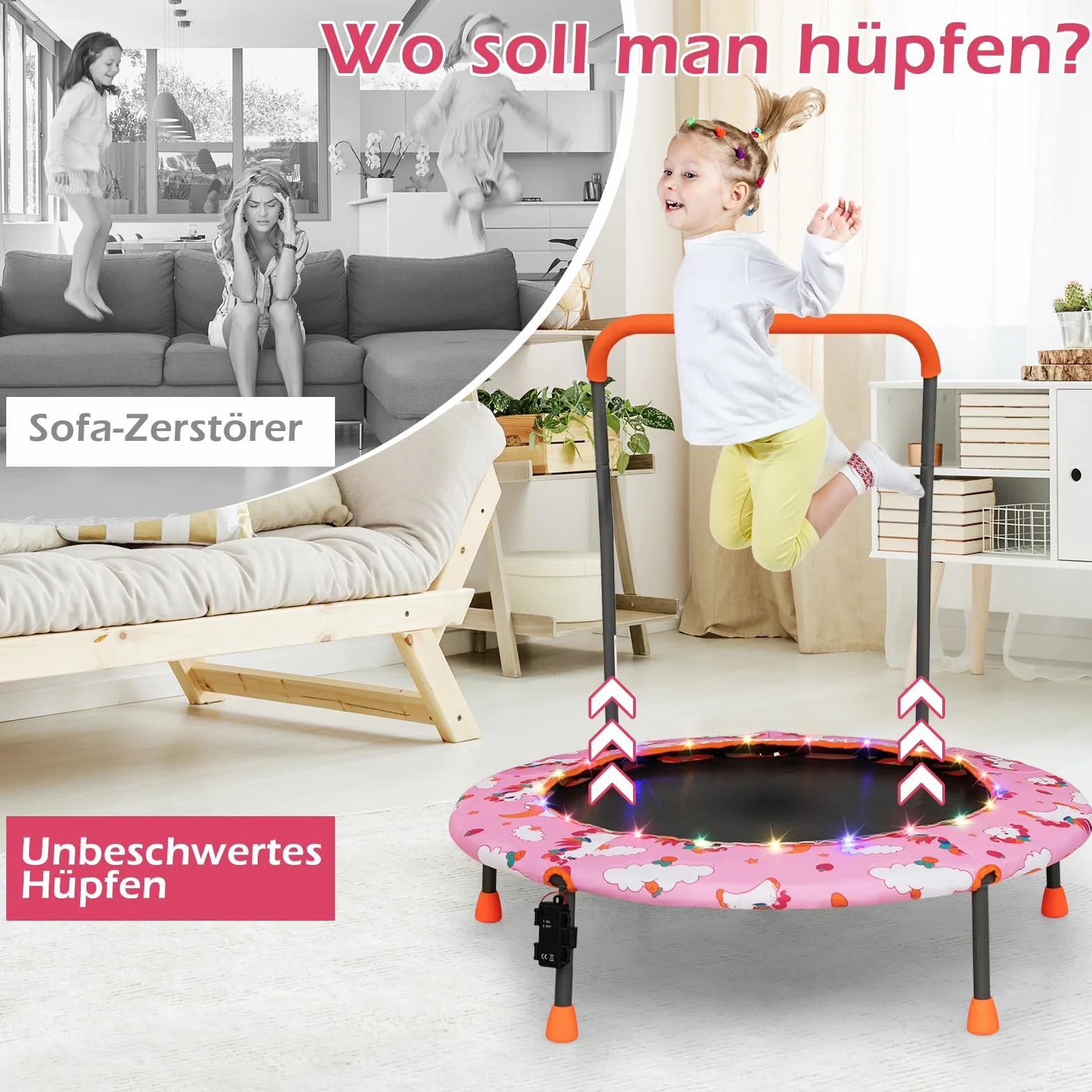 COSTWAY Trampolina dla dzieci o średnicy 92 cm, mini trampolina z oświetleniem LED i zdejmowanym uchwytem, trampolina fitness, trampolina ogrodowa, do użytku wewnątrz i na zewnątrz, dla dzieci w wieku