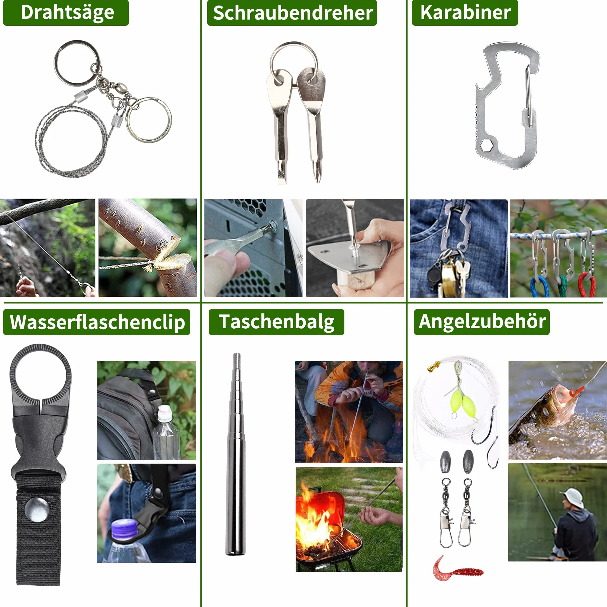 FINIBO Zestaw survivalowy 21 w 1, wyposażenie outdoorowe, zestaw awaryjny z kompasem, latarka taktyczna i inne akcesoria, na kemping, do bushcraftu, wędrówek, polowań, przygód, czarny, 20,6 x 12,8 x