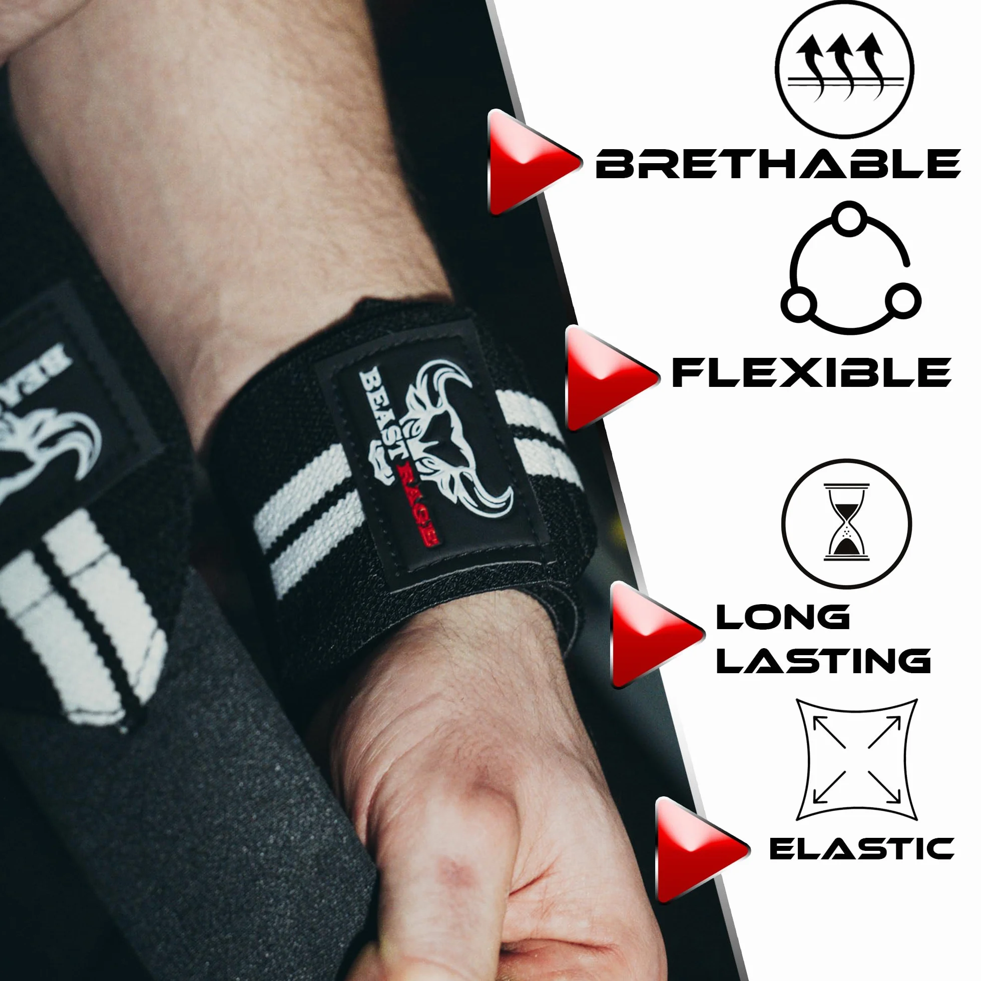 BEAST RAGE Opaski na nadgarstki do podnoszenia ciężarów, trening siłowy mięśni, trening fitness, rozciągliwy bawełniany pasek na kciuk (UP3, WHITE)