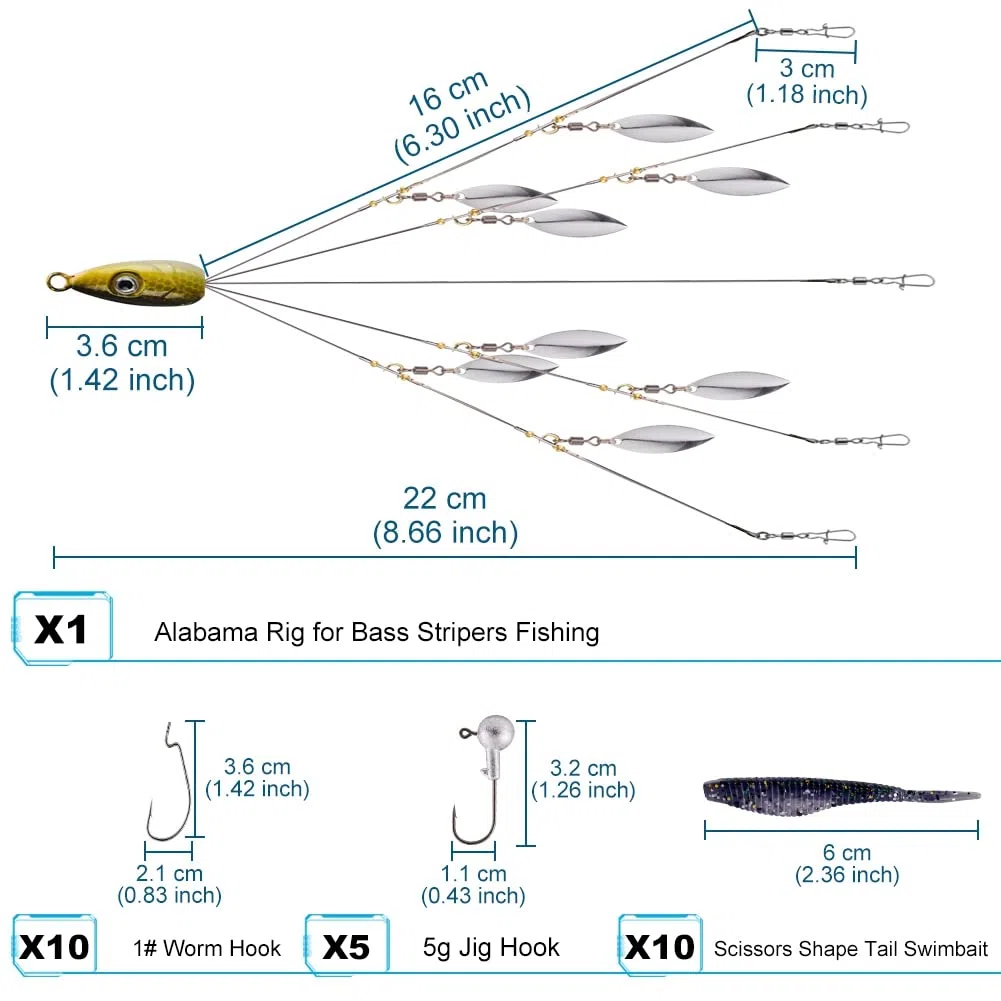XhuangTech Przynęty Alabama Rig, 5 ramion Alabama Parasol Rig z miękkim ogonem wiosłowym do pływania przynęta basowa haczyk na szczupak / pstrąg / Crappie w słodkiej lub słonej wodzie