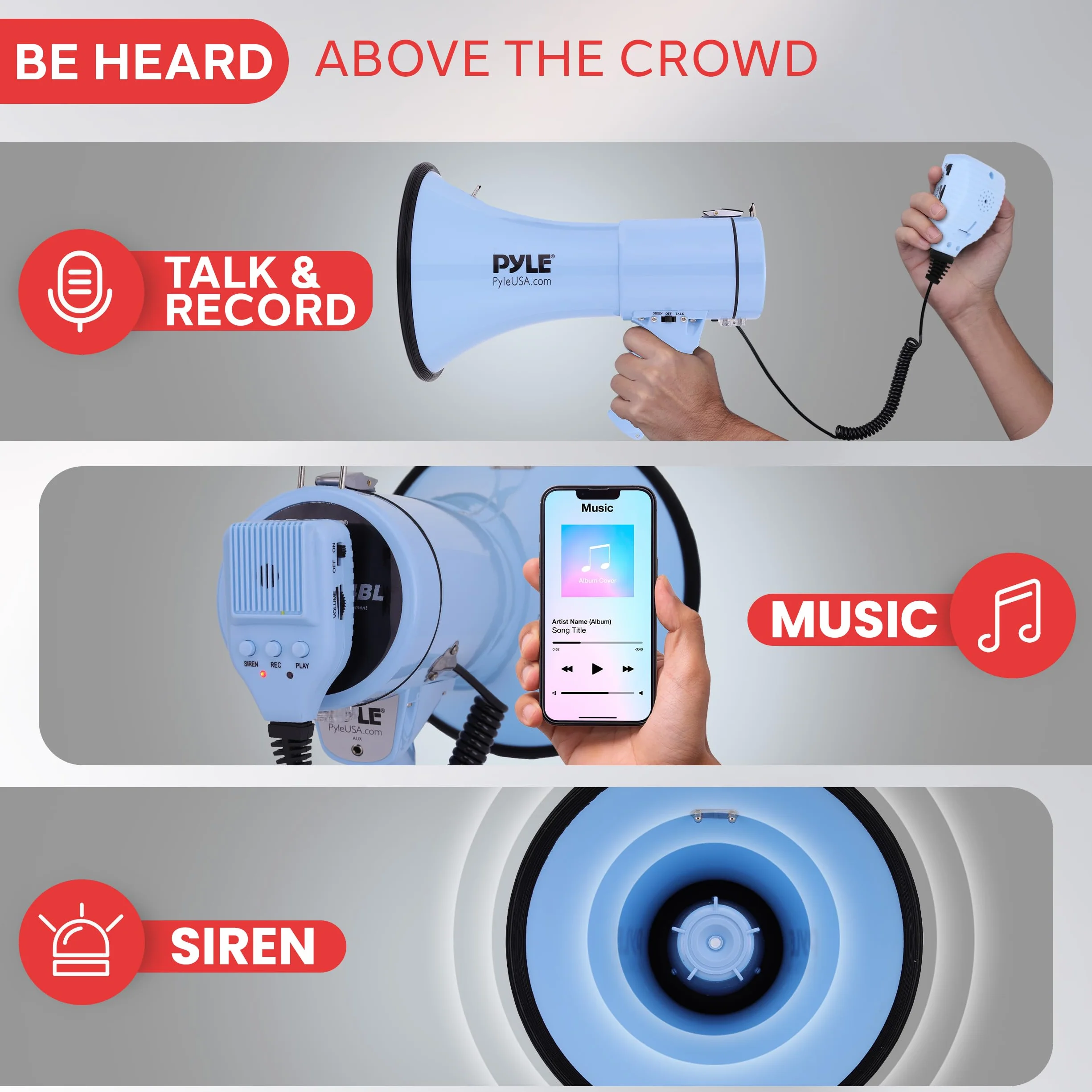 Pyle 50W Megaphone Bullhorn - Portable, Automatic Siren & Adjustable Volume,Projection Range Up to 1200 Square Yards, Aux Input, Talk, Siren, Music, Whistle, & Record, Shoulder Strap (Blue)