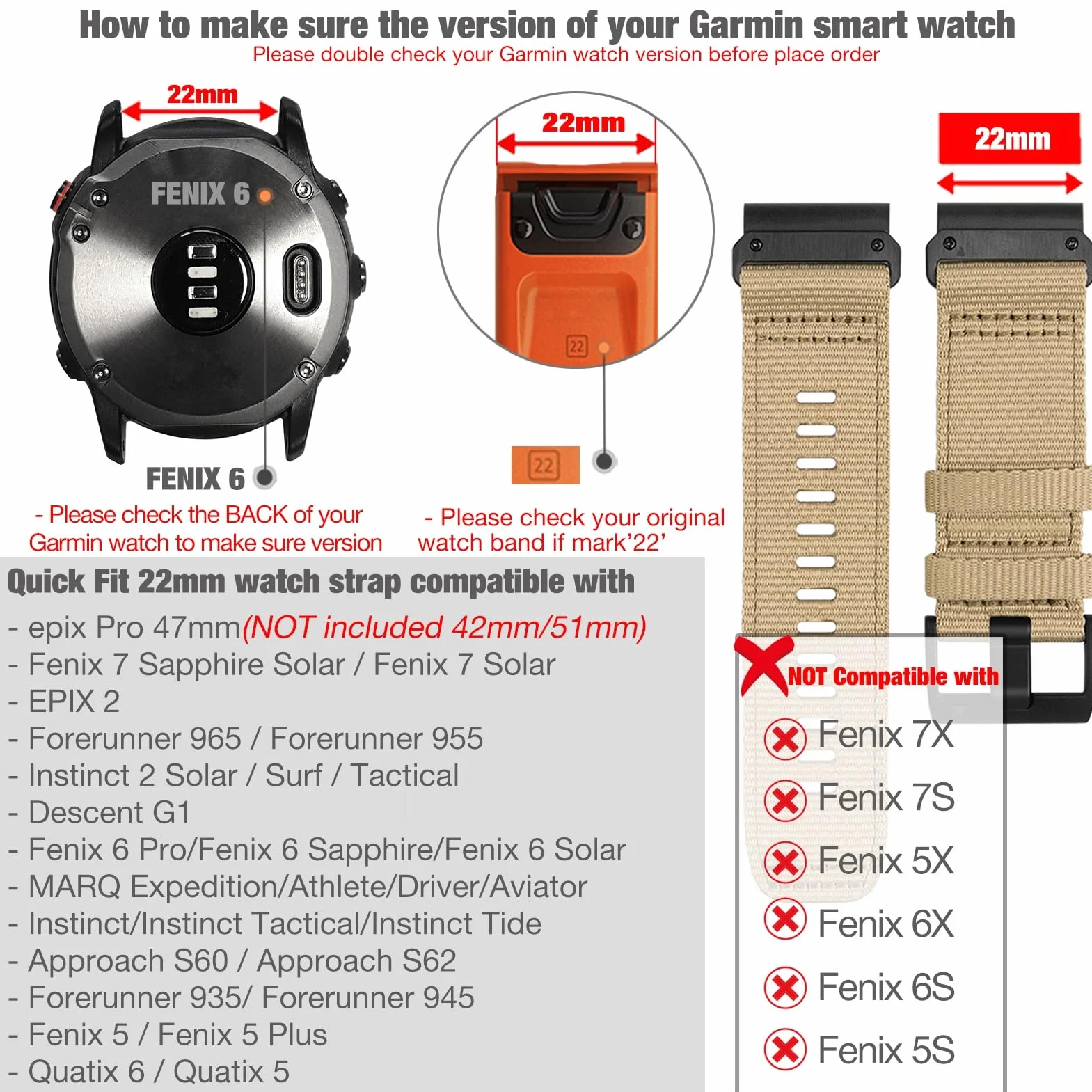 YOOSIDE Nylonowa bransoletka do zegarka Garmin Fenix 8 47 mm / epix Pro 47 mm / Fenix 7/6/5, ulepszona Quick Fit 22 mm Weave nylonowy pasek sportowy na nadgarstek do Instinct 3 45 mm, Forerunner 955