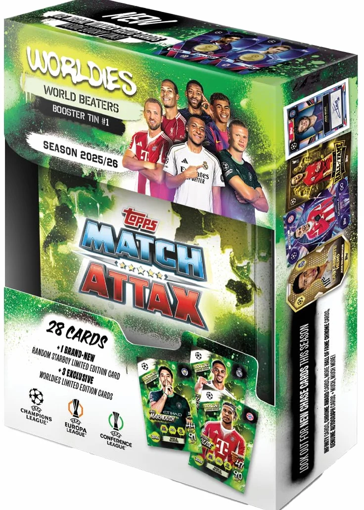 Topps UCC Match Attax 2025/26 Mini Tin World Beaters 28 kart Match Attax Plus losowy Star Boy LE 3 ekskluzywne karty Worldies LE