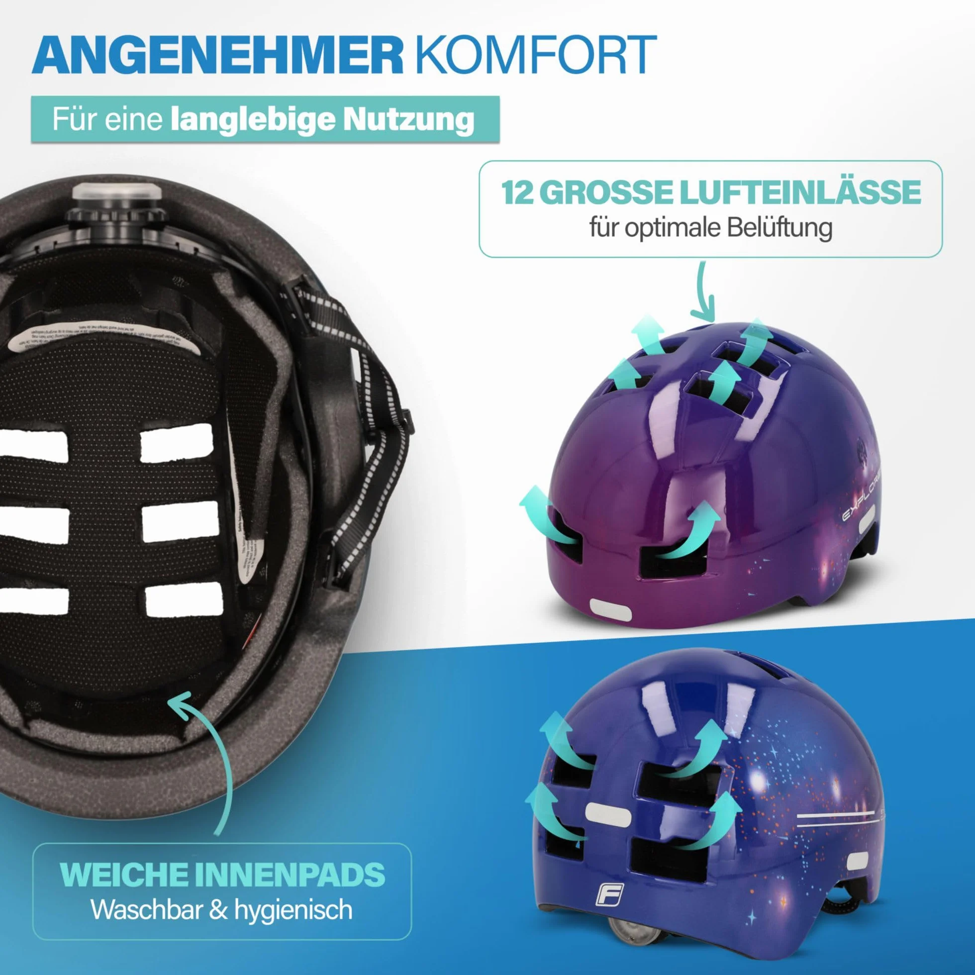 FISCHER BMX kask rowerowy, kask rowerowy Dirt Bike Plus Explorer, S/M, 54-59 cm, niebieski, z wbudowanym tylnym światłem LED
