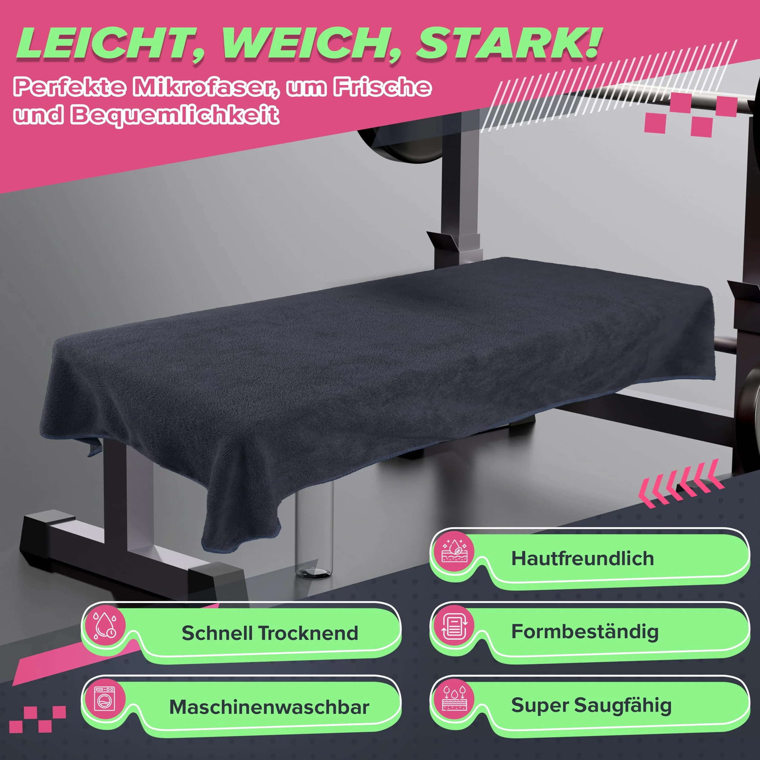 Ręcznik fitness | 120 x 50 cm, sportowy ręcznik z zamkiem błyskawicznym | antypoślizgowy, szybkoschnący, sportowy ręcznik na siłownię, trening siłowniowy