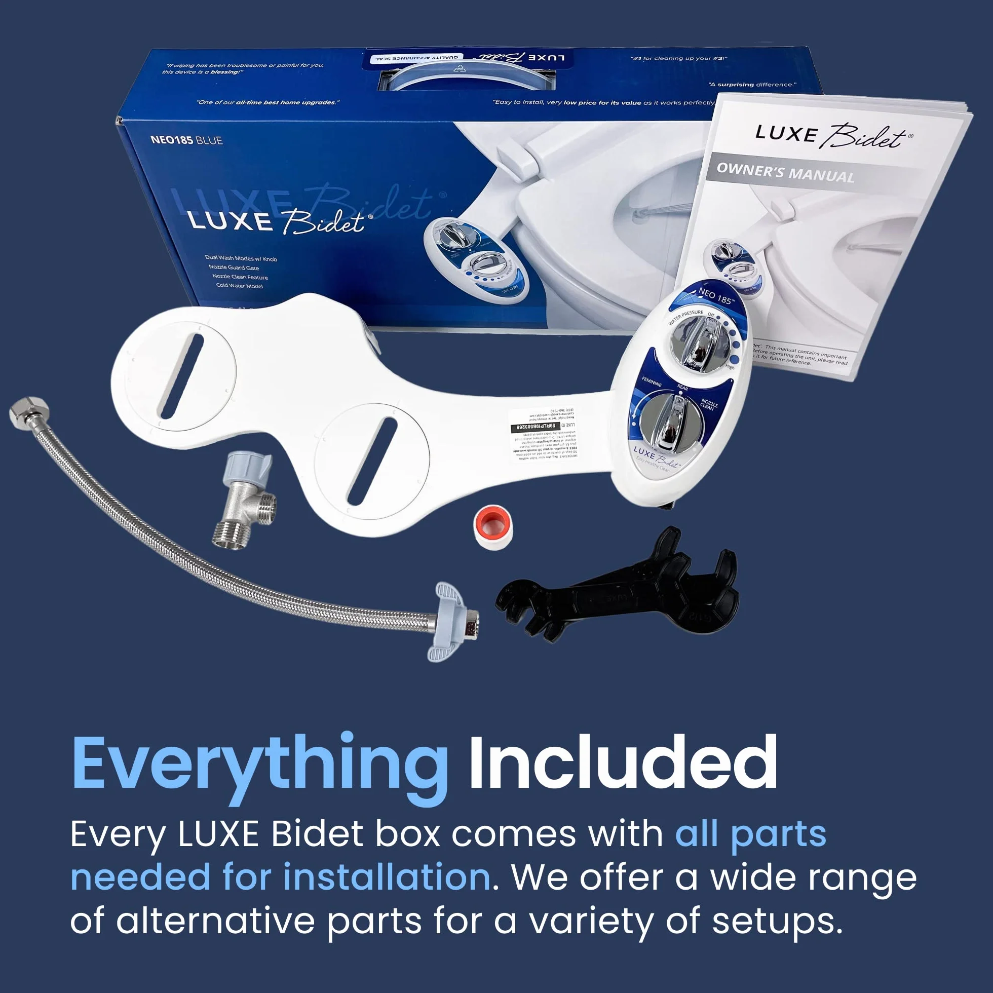 LUXE Bidet Neo 185 (Elite) nieelektryczna nasadka bidetowa z samoczyszczącą podwójną dyszą, regulacją ciśnienia wody, niebieska i biała