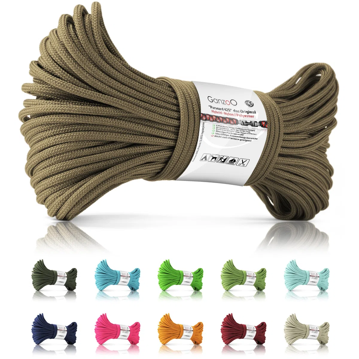 Ganzoo Paracord 425 linka 3 mm Typ 2 30 m brąz, oplot nylon/poliester, 4 rdzenie, do 425 lbs 192 kg, do wiązania tarpa i namiotu, zabezpieczania ładunku, plecionek, zawieszek, owijania rękojeści