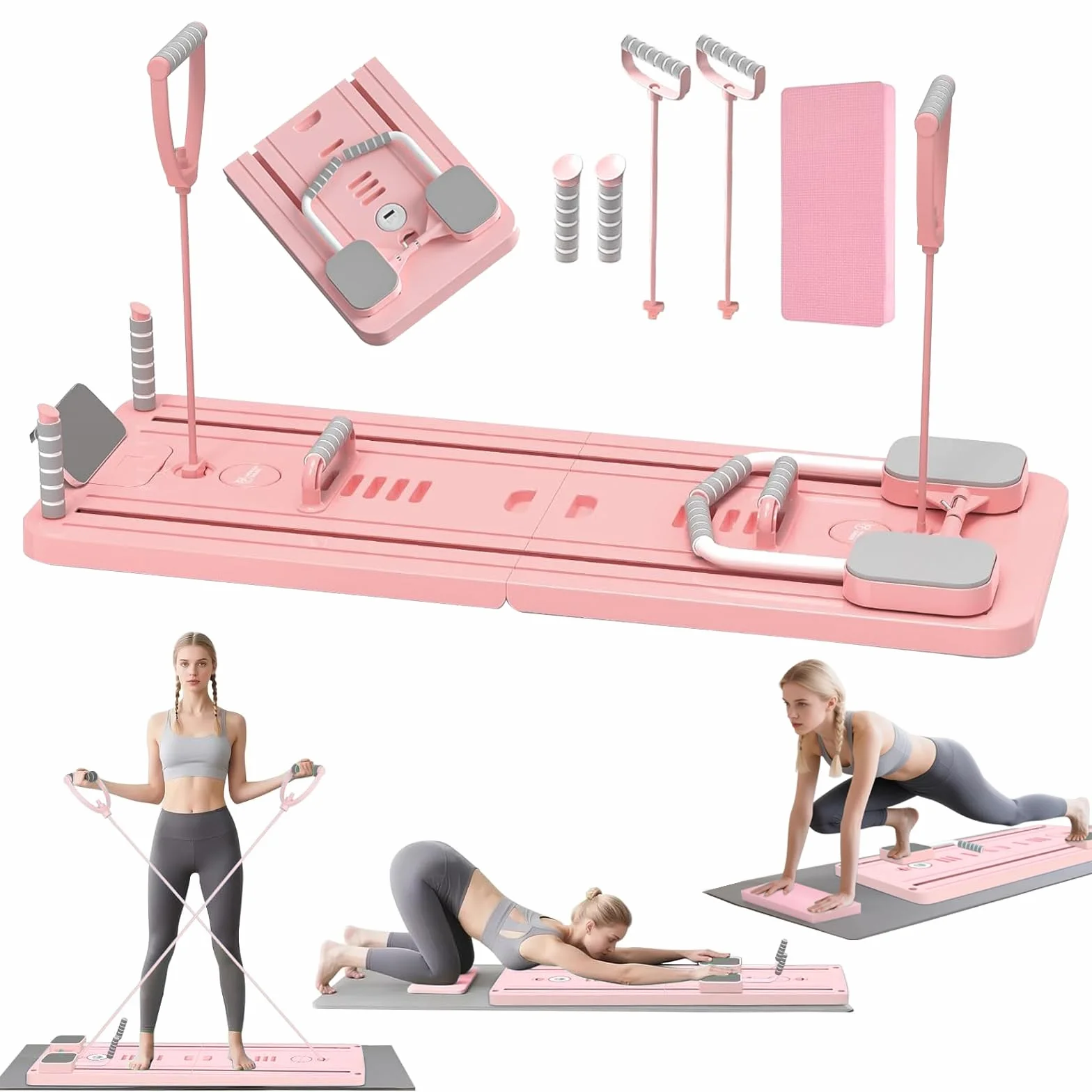 Deska do pilatesu do domu, 5 En 1, składana mini deska do pilatesu z timerem, do treningu rdzenia, talii, nóg, ramion i pleców, 2025 ulepszona maszyna do pilatesu (różowa)