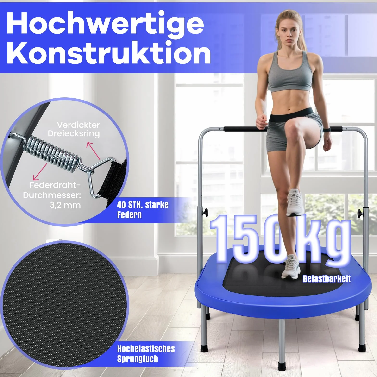COSTWAY Trampolina dla 2 osób z uchwytem o regulowanej wysokości, obciążająca do 150 kg, składana (niebieska)