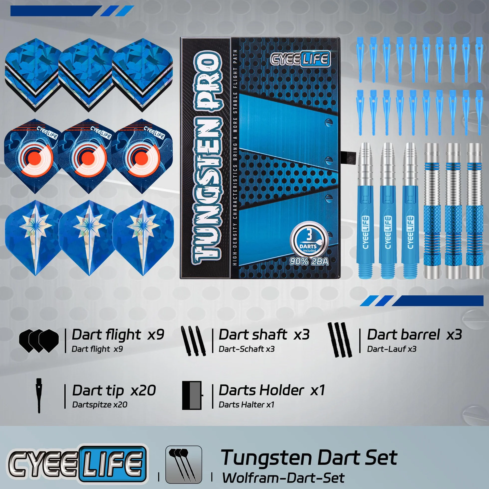 Zestaw rzutek do darta CyeeLife z plastikowymi końcówkami 90% wolframu 3 sztuki 90% wolframu soft darts, profesjonalny zestaw do darta z piórkami, nasadkami i końcówkami (niebieski)