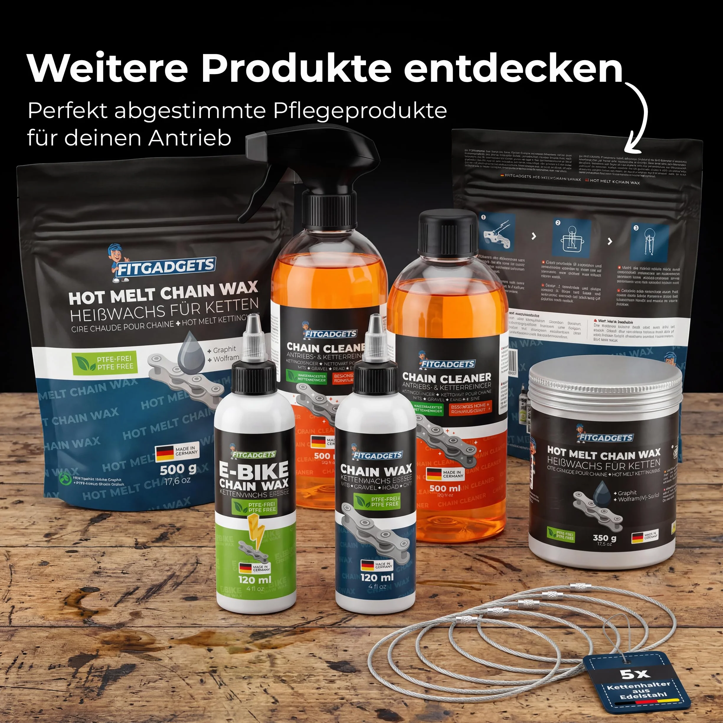 OH3 Fitgadgets Wosk do rozgrzewania łańcucha rowerowego w pudełku z ciepłym woskiem – Z 3 uchwytami na łańcuch – 350 g wosku Hot Melt Chain z grafitem i siarczkie tungstowym – Smar woskowy