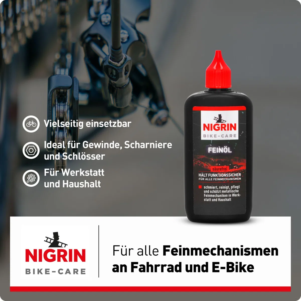 NIGRIN BIKE-CARE olej drobnoziarnisty | butelka 100 ml | olej do mechaniki precyzyjnej | do hobby i warsztatu | bez żywicy i kwasów | szary
