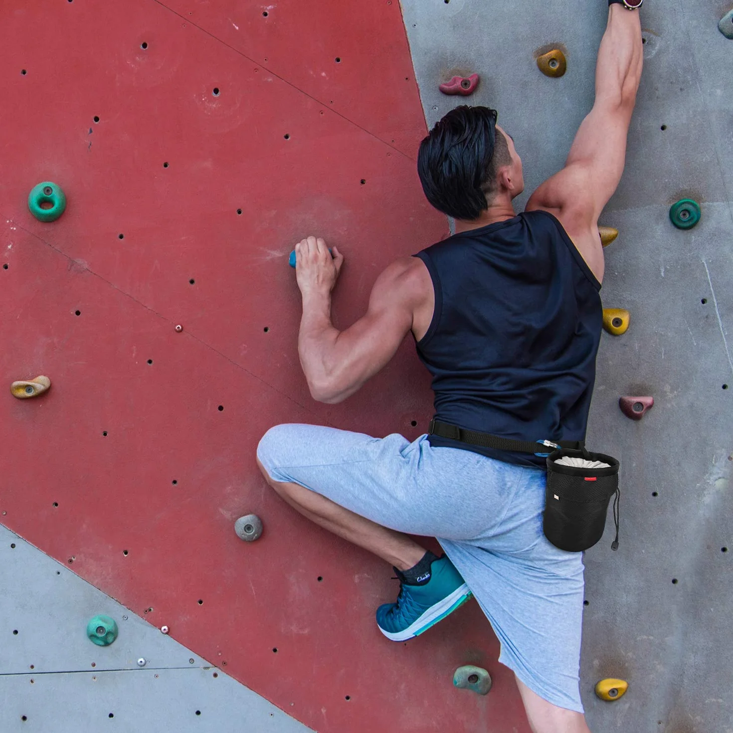 Rhino Valley Torba na Magnezję do Wspinaczki i Boulderingu(Chalk Bag), z Regulowanym Paskiem, Zamknięcie na Sznurek, Wytrzymały Materiał Oxford, do Siłowni i Podnoszenia Ciężarów, Czarny