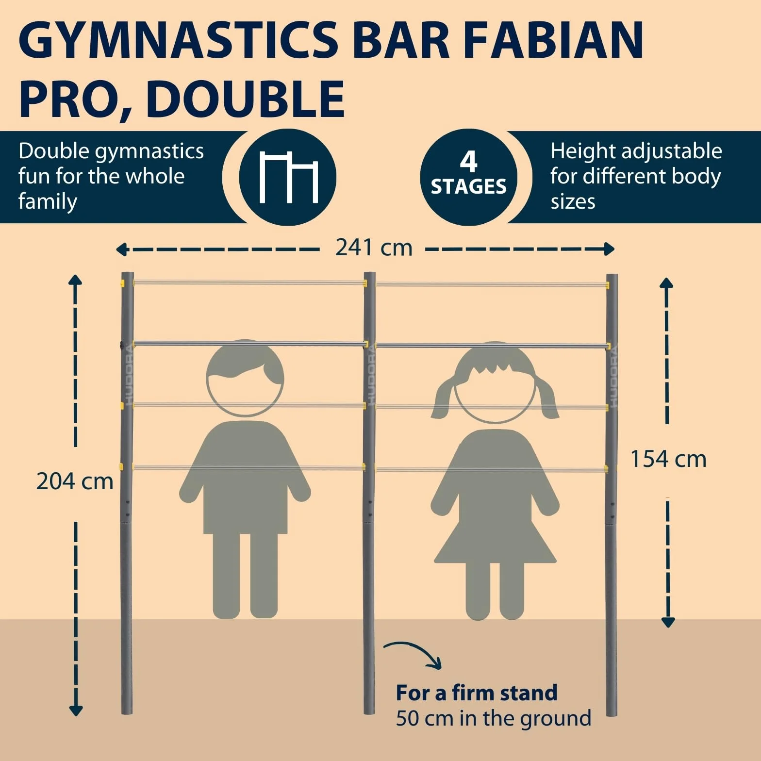 HUDORA Fabian Standard/Pro - pojedynczy/podwójny drążek gimnastyczny dla dzieci i dorosłych, 4-stopniowa regulacja wysokości, stabilny drążek fitness do 100 kg