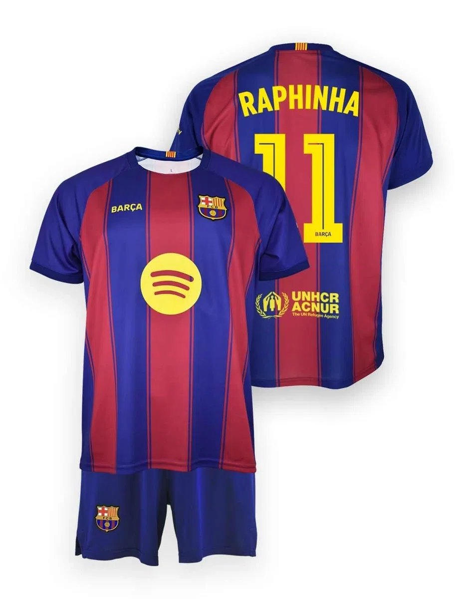 CB FC Barcelona zestaw dziecięcy – koszulka i spodnie Raphinha nr 11 – 1. strój 25/26 – oficjalna replika – rozmiar 10 lat