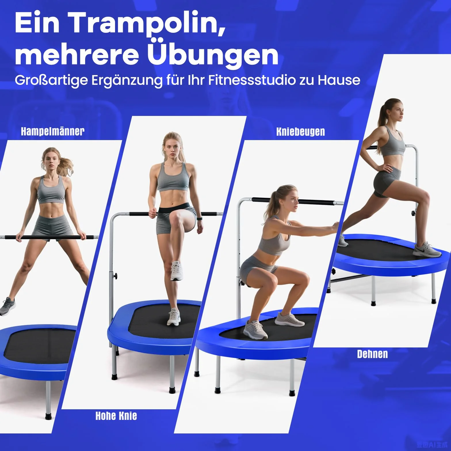 COSTWAY Trampolina dla 2 osób z uchwytem o regulowanej wysokości, obciążająca do 150 kg, składana (niebieska)