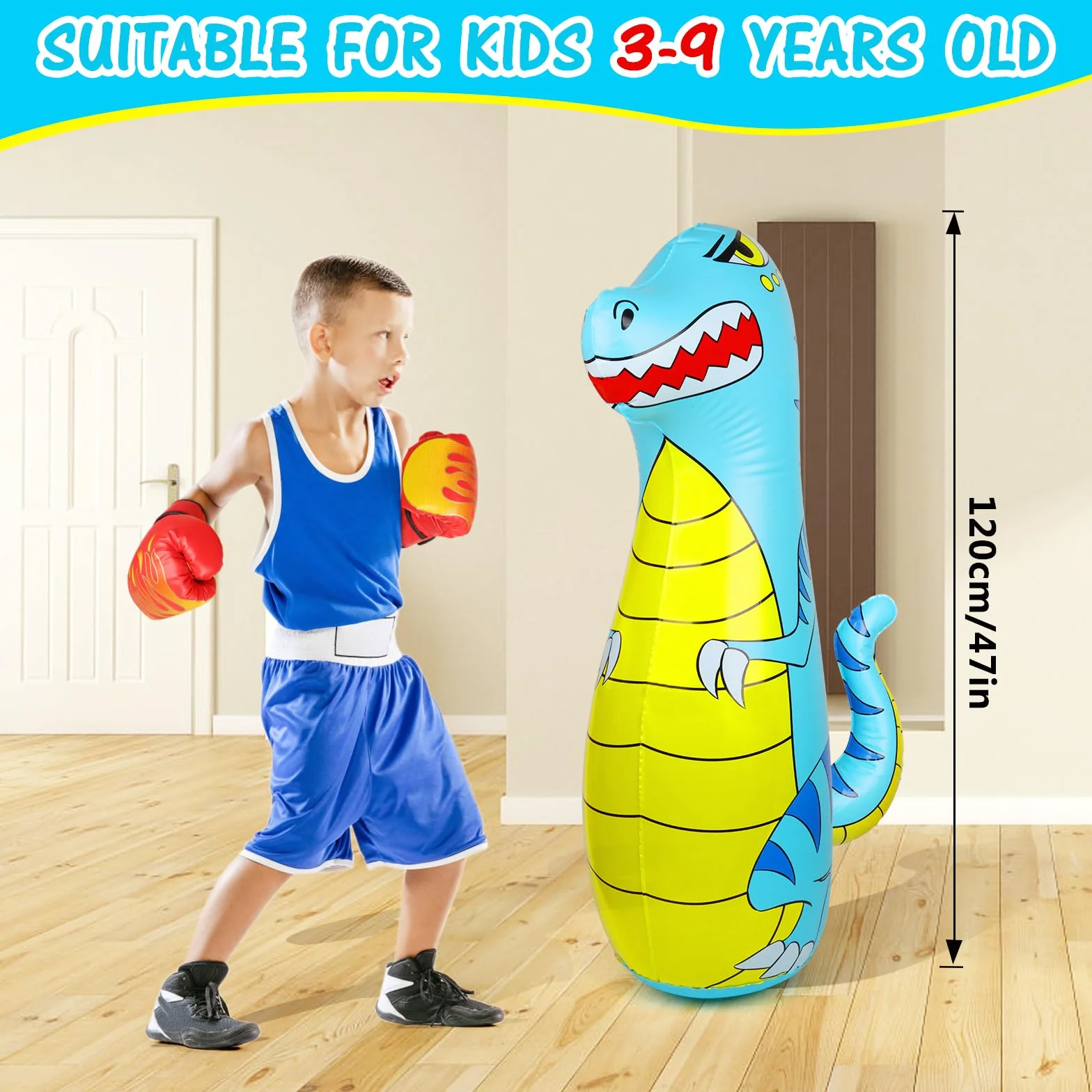 Worek bokserski dla dzieci, 120 cm, nadmuchiwany worek bokserski, stojący z rękawicami bokserskimi dla 3-9 dzieci, z grubego, bezpiecznego materiału, do karate MMA, taekwondo, prezent dla