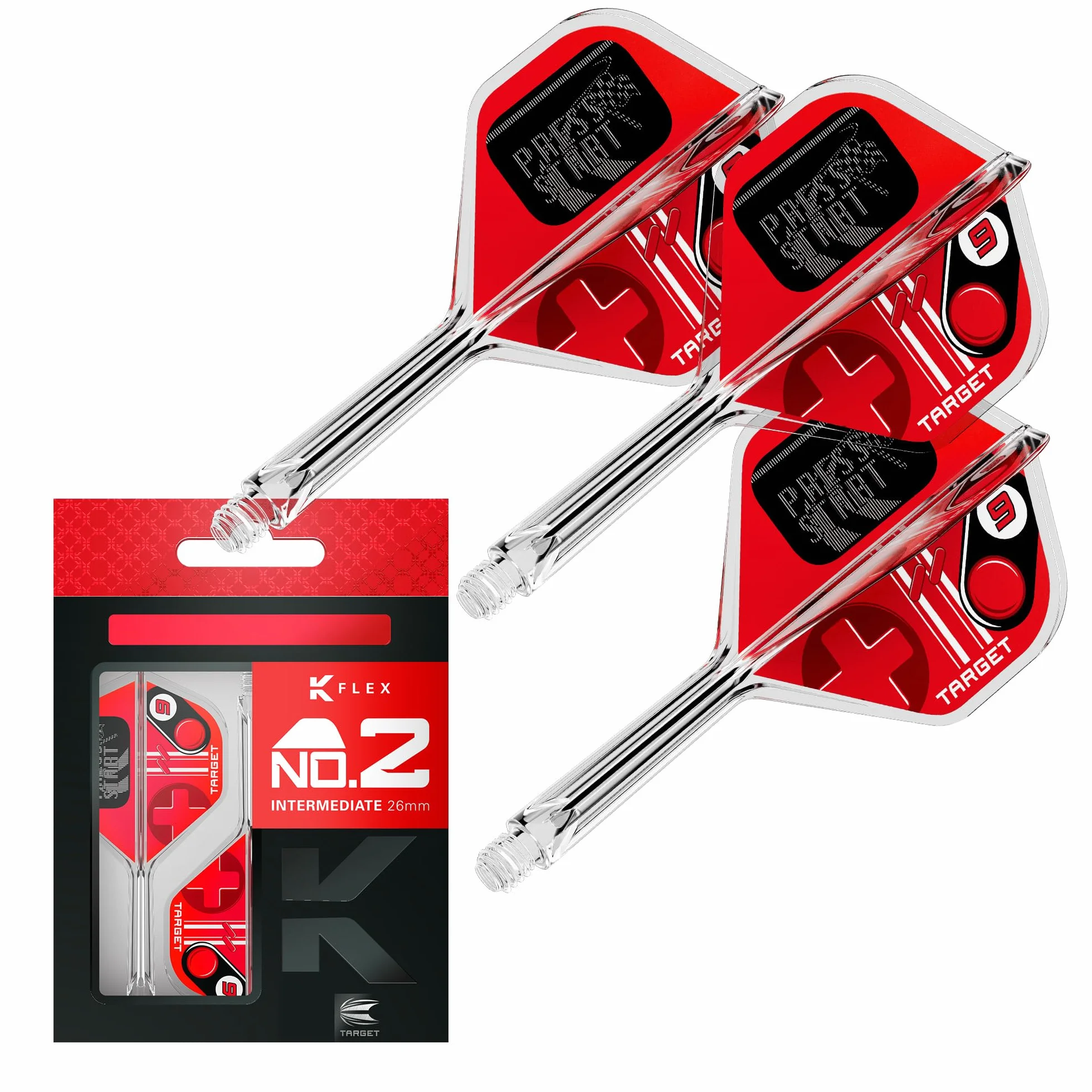 Target Darts K-Flex Game Over, Press Start & You Win No.2 – Zestaw 3 zintegrowanych skrzydełek i trzonków do rzutek, system trzonków odlewanych typu "wszystko w jednym”, Short, Intermediate & Medium.