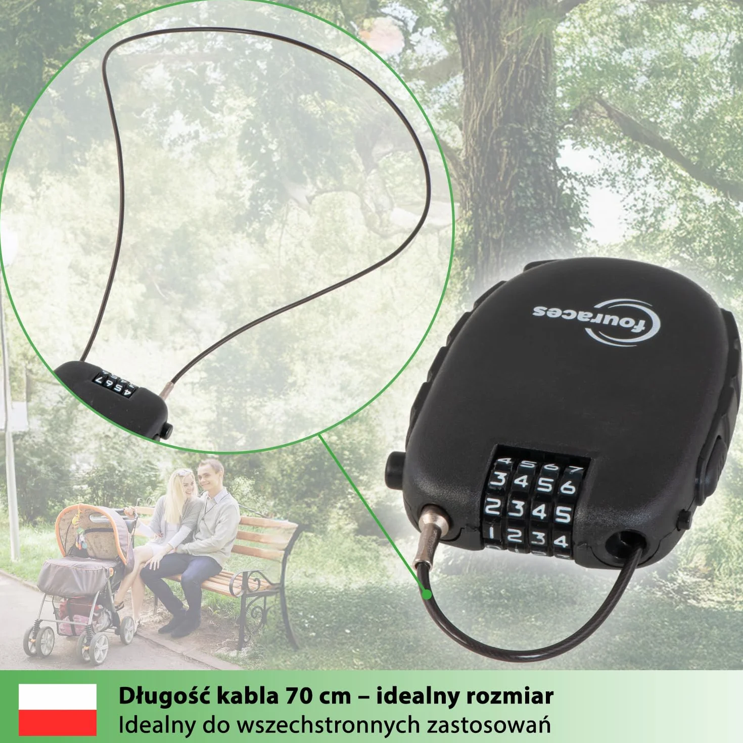fouraces mini zamek linkowy 70 cm, wysuwany 4-cyfrowy szyfrowy – do hulajnogi, roweru (szosowego), wózka dziecięcego i sprzętu narciarskiego